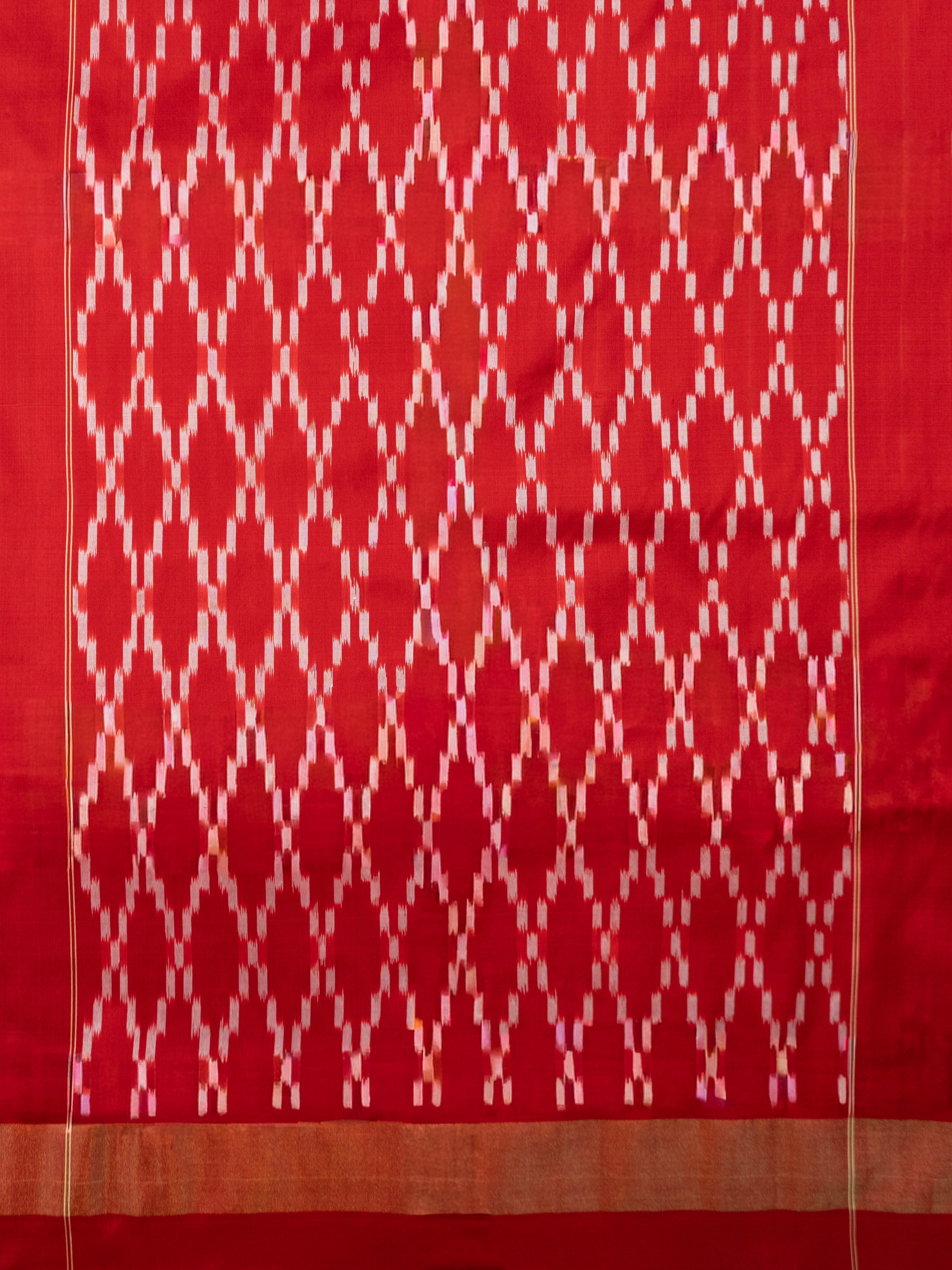 Pure Pochampally Double Ikat Red Silk Saree with Ikat Pallu & Golden Zari Blouse
