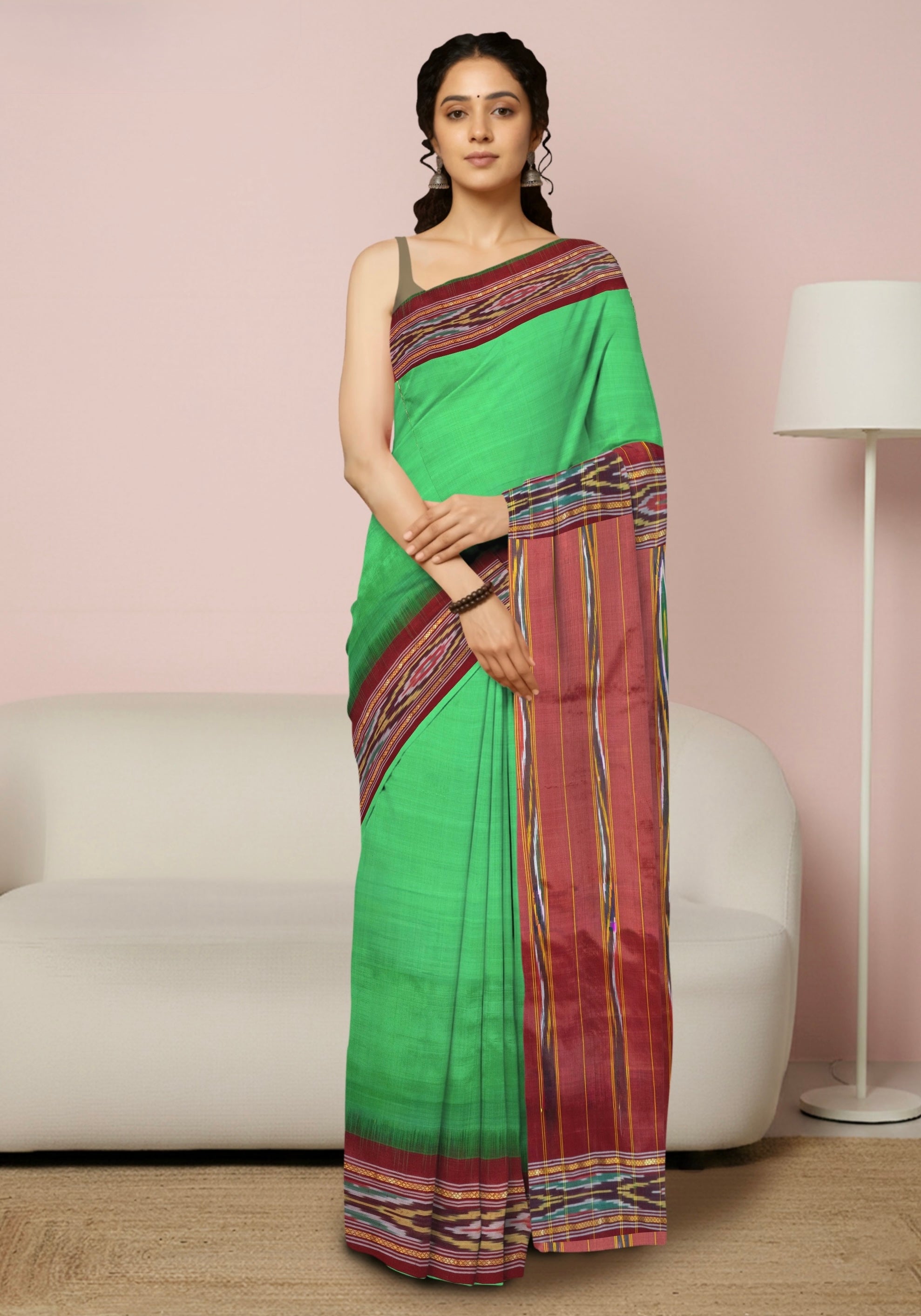 Pure Pochampally Dark Green Silk Saree with Red Patola Border & Patola Pallu (Without Blouse)