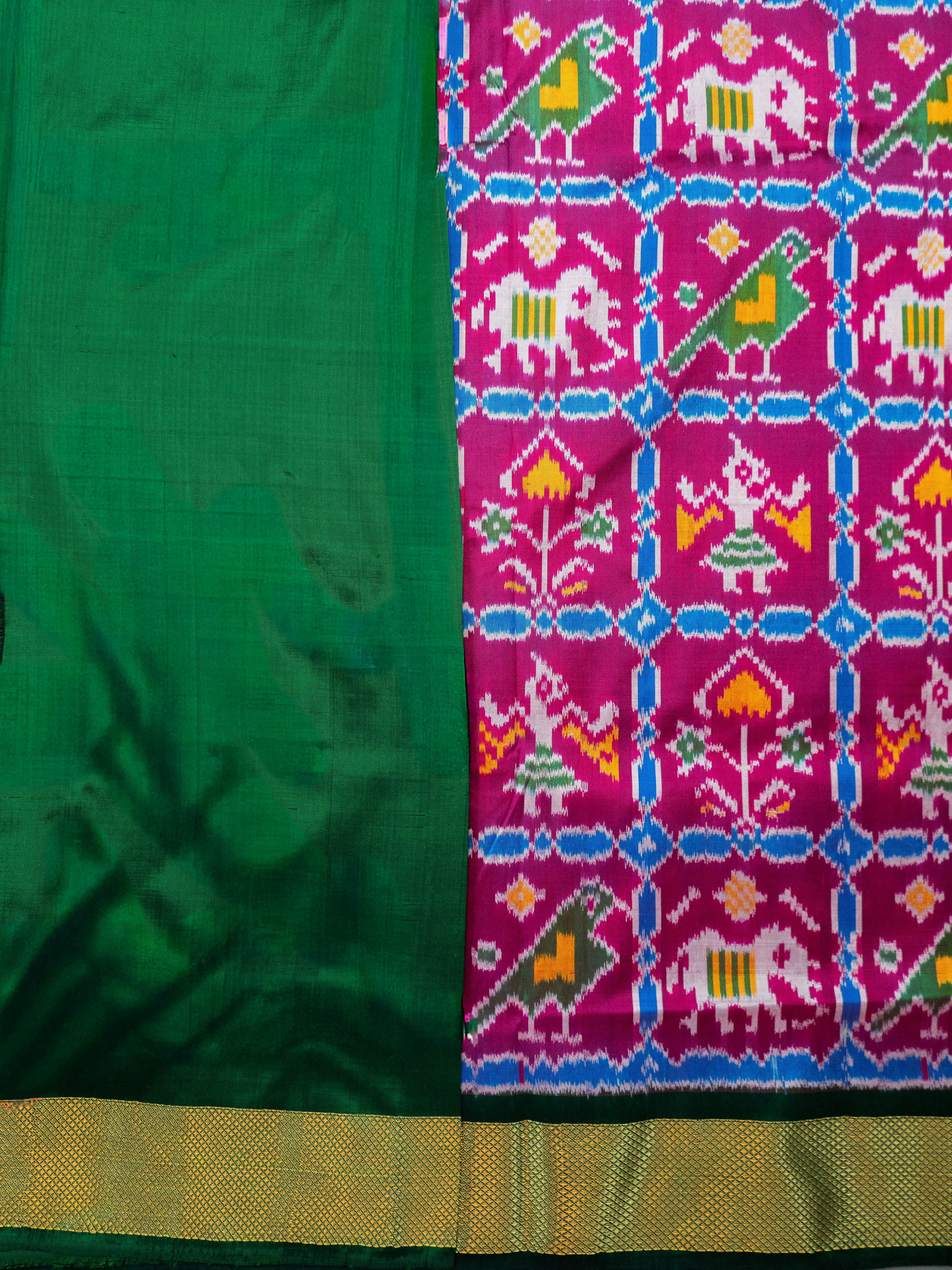 Pure Pochampally silk saree in pink double ikkat with designer pallu and contrast Blouse