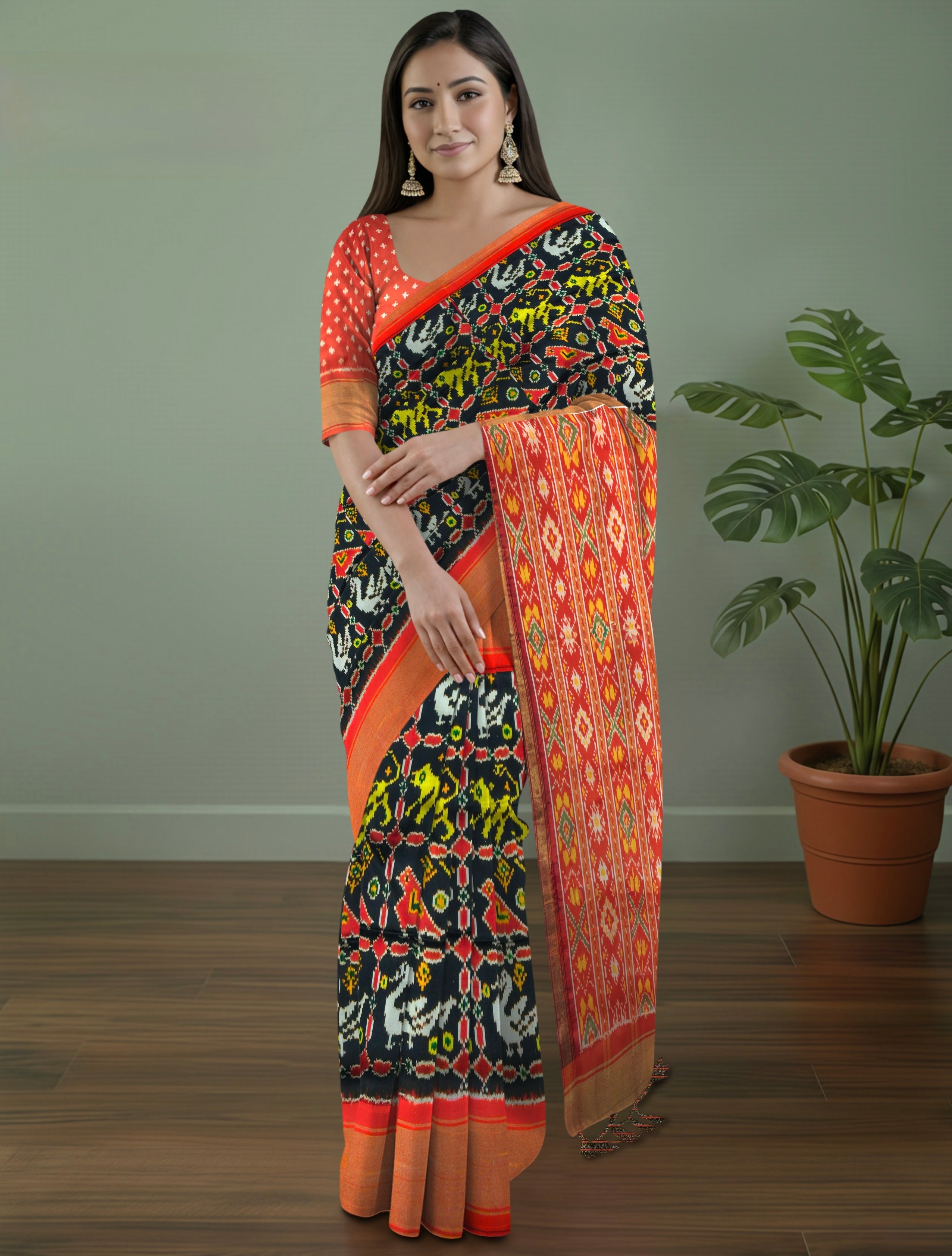 Pure Pochampally Double Ikat Silk Saree in Black with Red Ikat Pallu