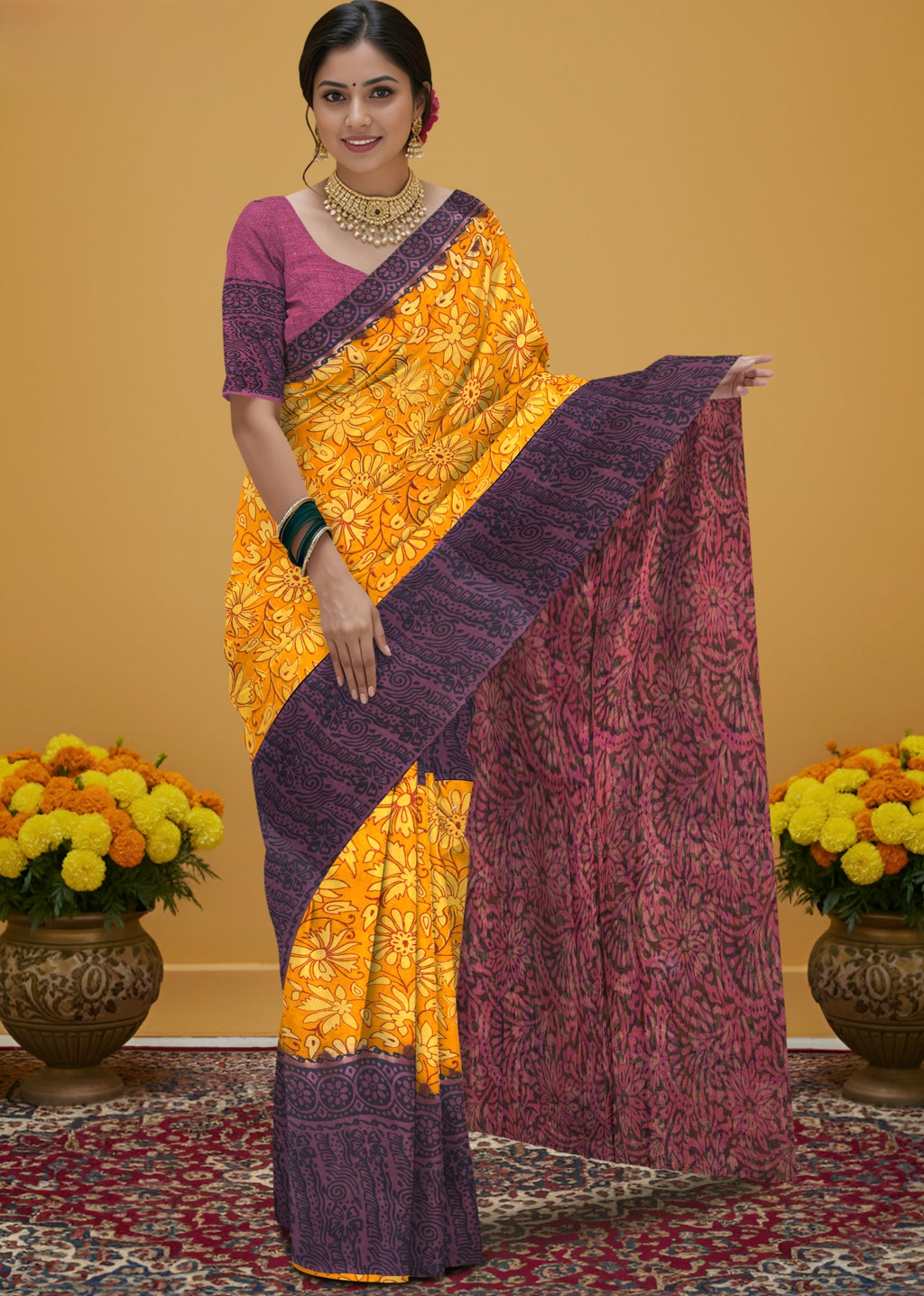 Kalamkari Floral Print Saree with Contrast Kalamkari Pallu & Border