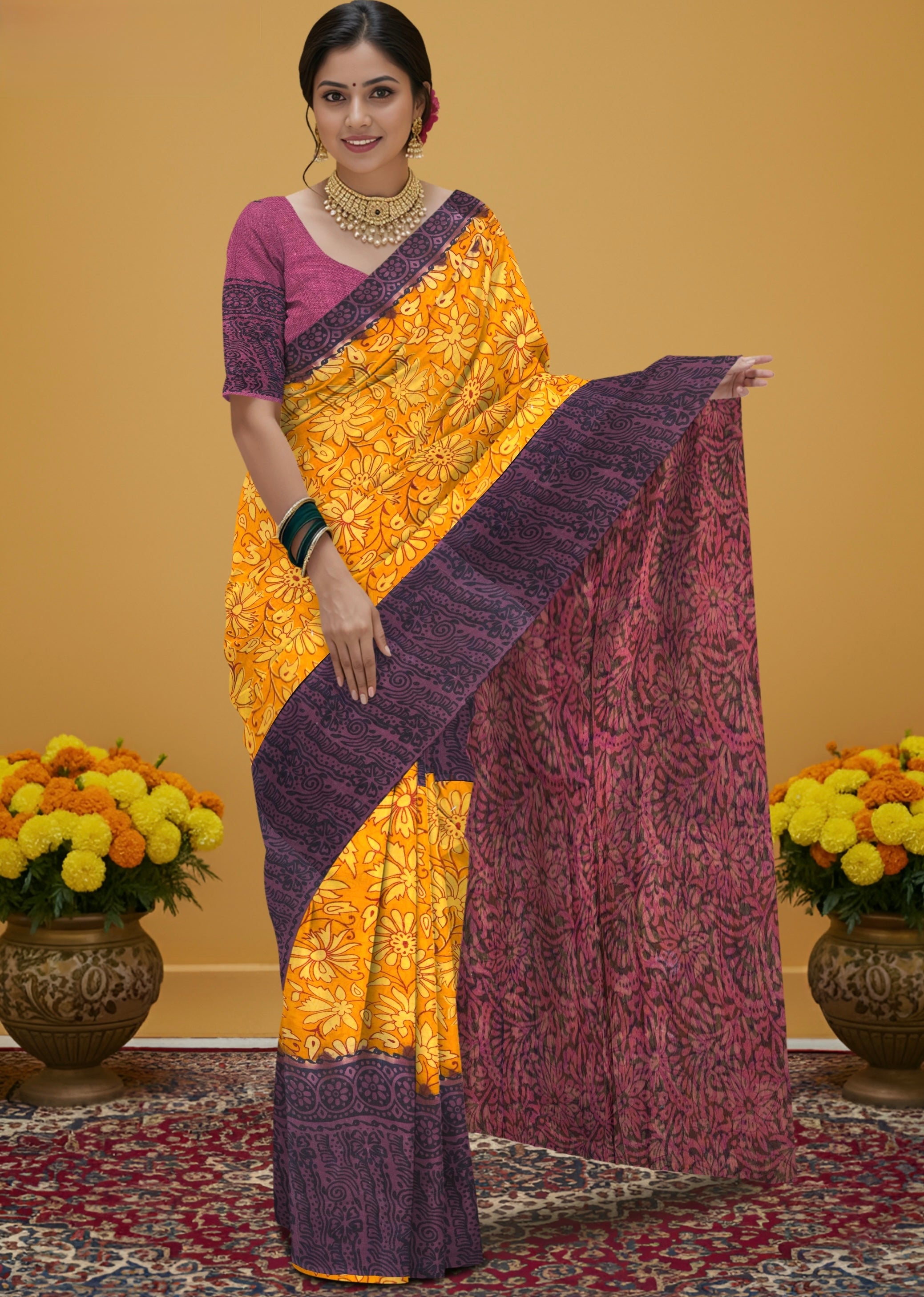 Kalamkari Floral Print Saree with Contrast Kalamkari Pallu & Border