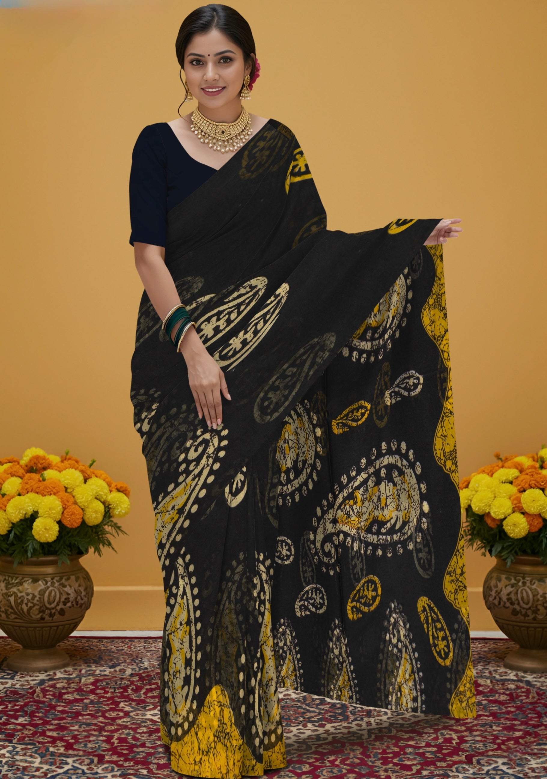 Hand Batik Print Cotton Saree in Classic Black Color