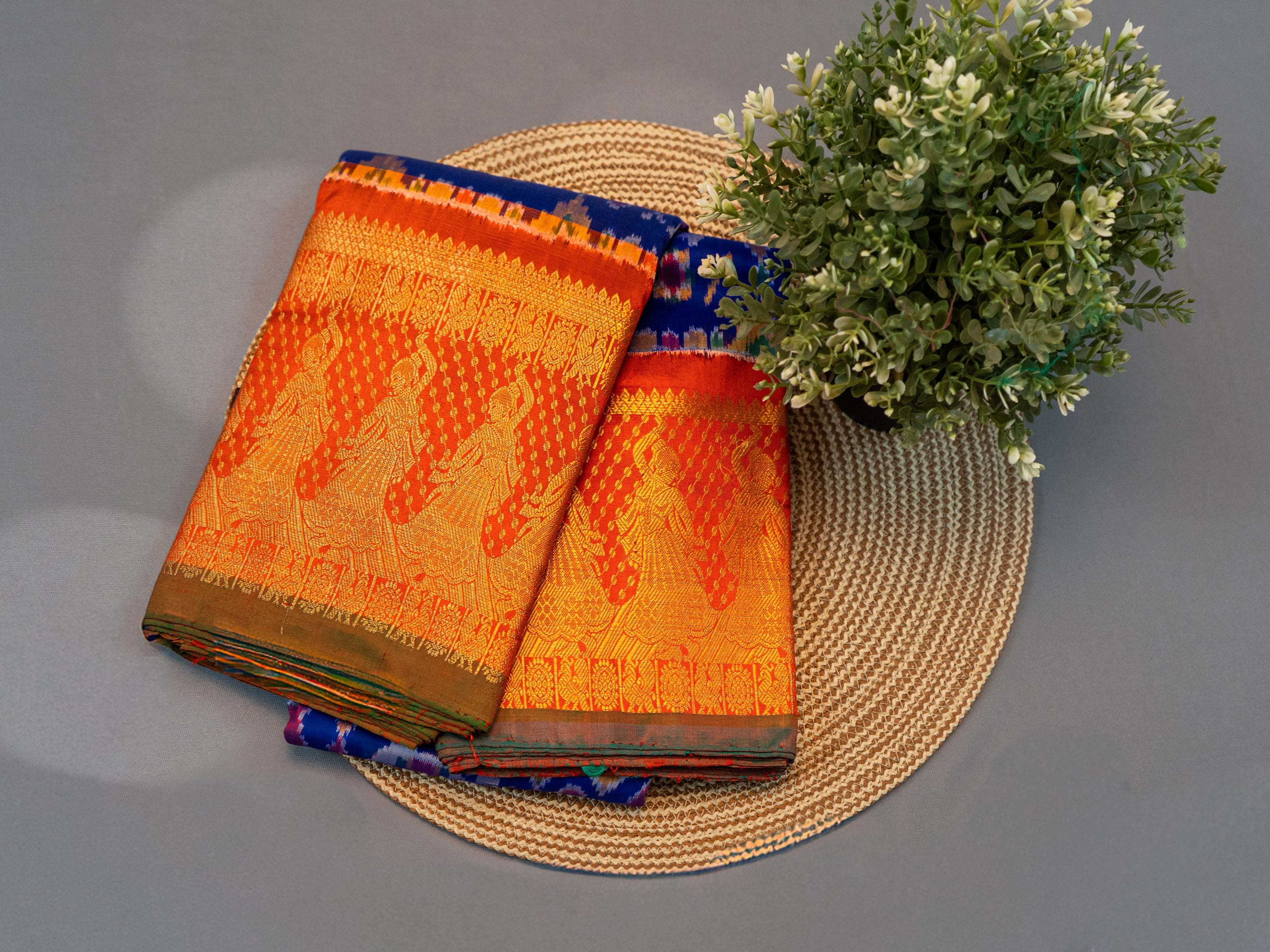 Pure Pochampally Double Ikat Kanjivaram Silk Saree in Blue with Orange Rajwada Pallu