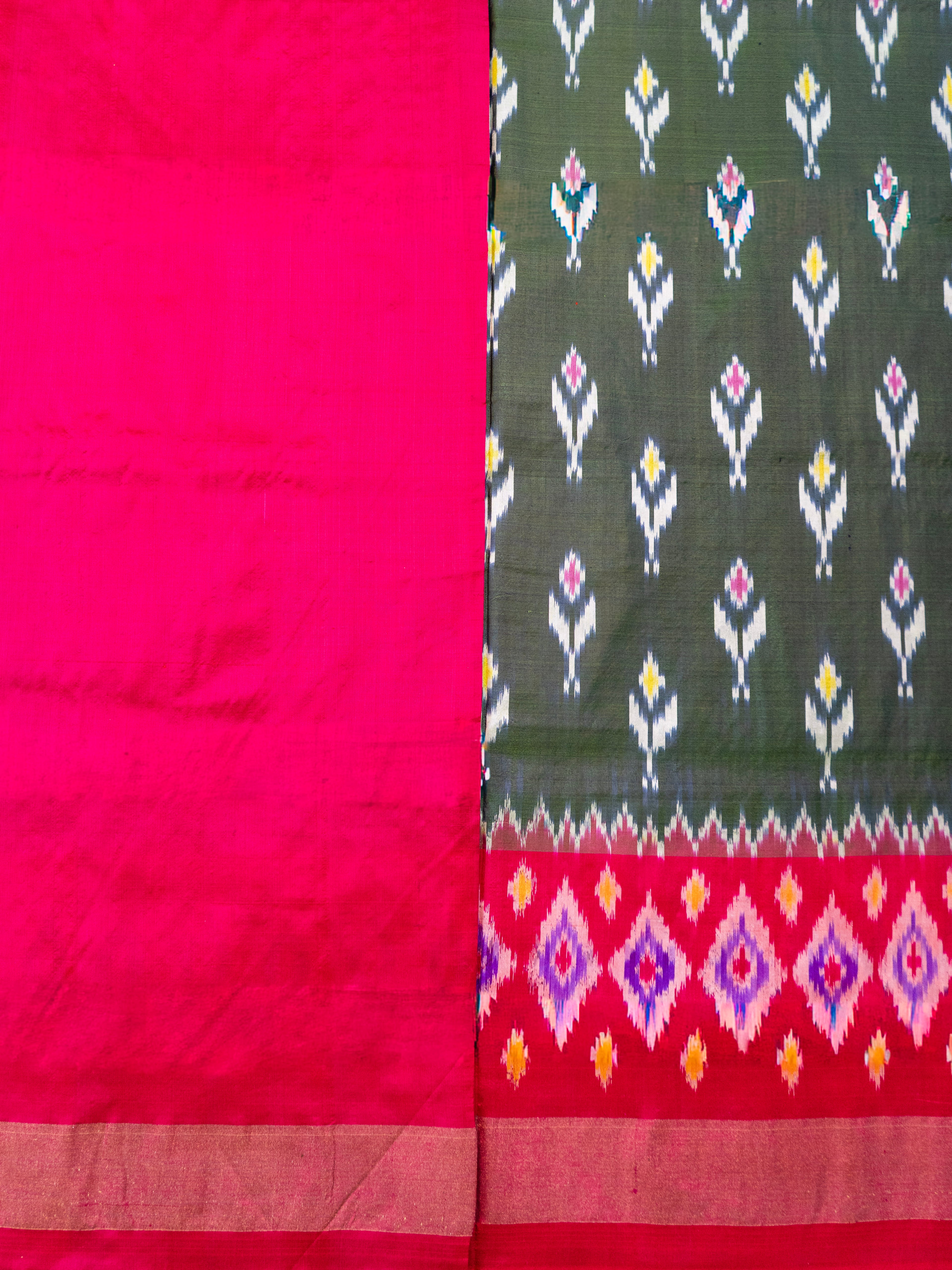 Pure Pochampally Double Ikat Silk Saree in Green with Pink Zari & Ikkat Border