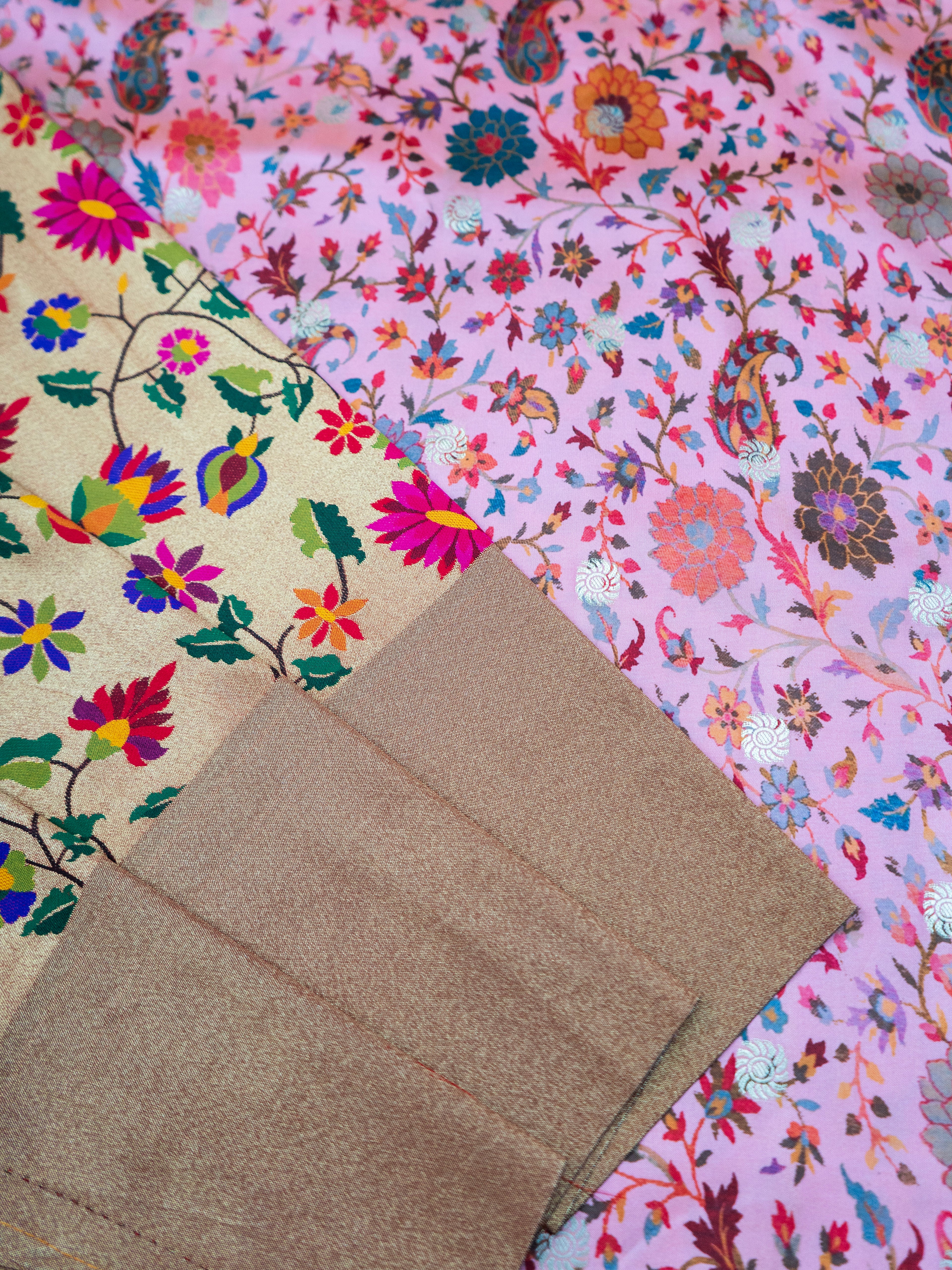 Pure Maharashtrian Patni Silk Saree in Pink with Floral Print & Silver Zari Pallu