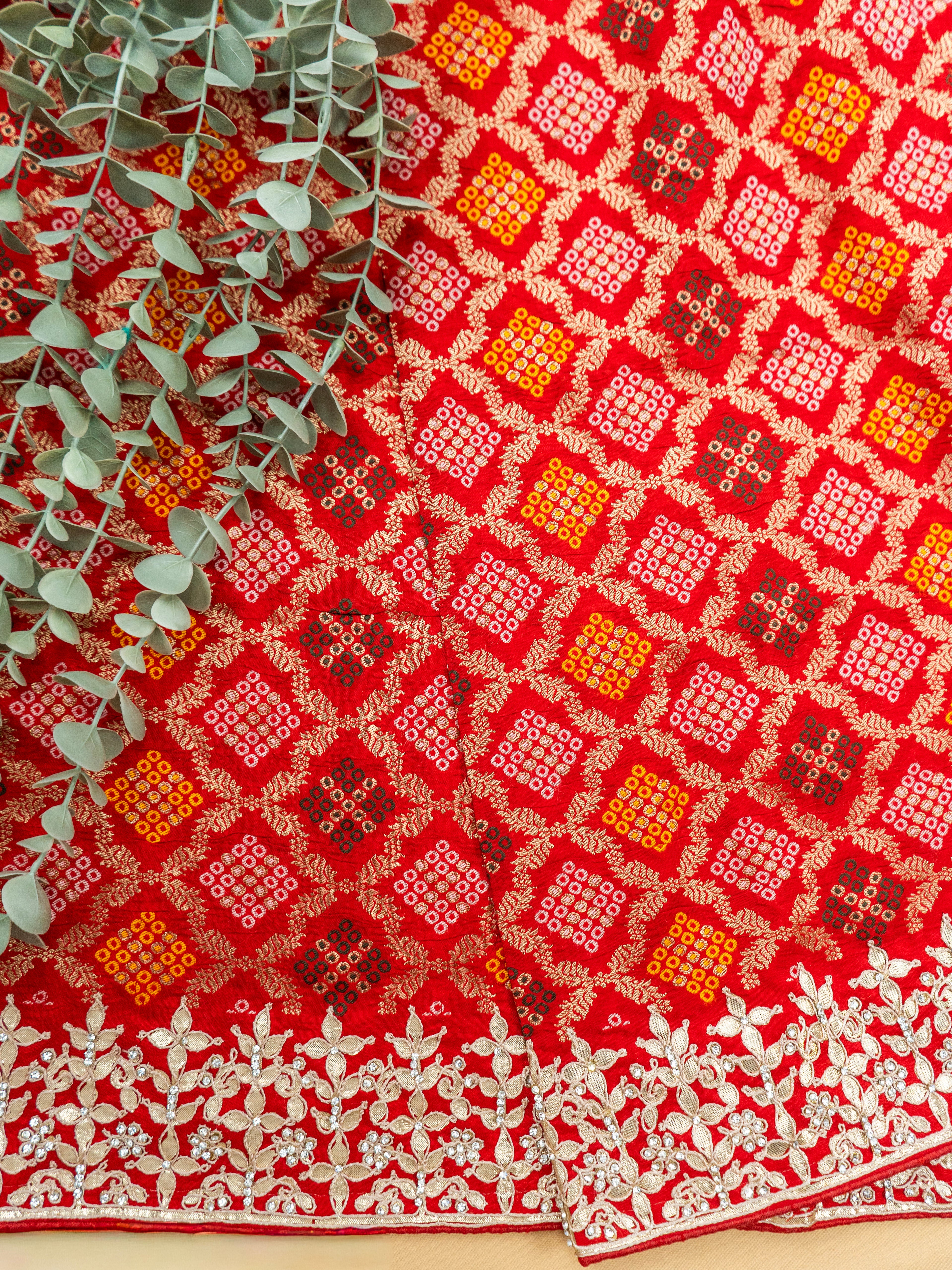 Pure Rajwada Silk Saree in Deep Red with Bandhej Weaving & Silver Zari Border