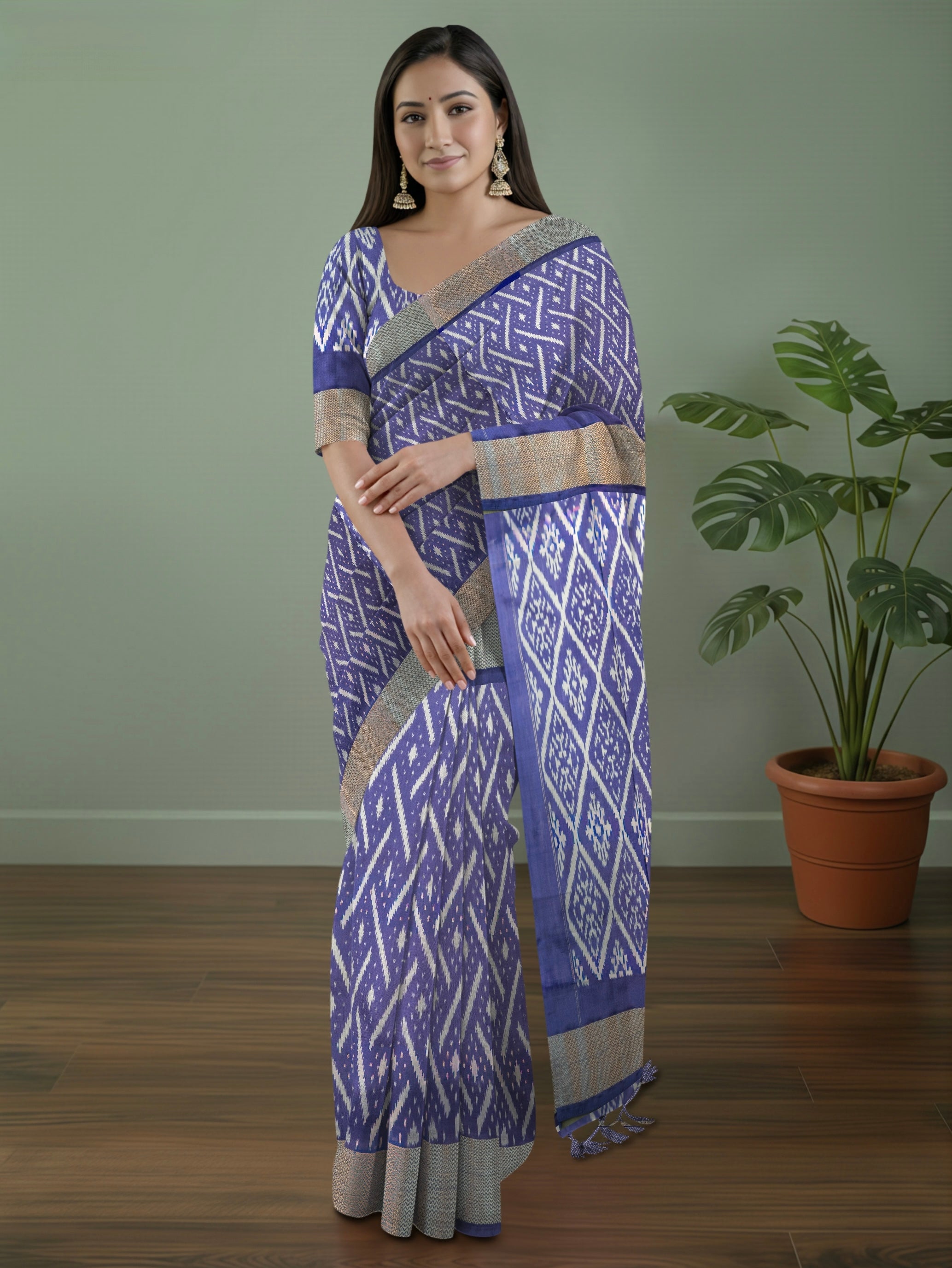 Pure Pochampally Silk Saree in Deep Purple with White Ikat Weaving & Silver Zari