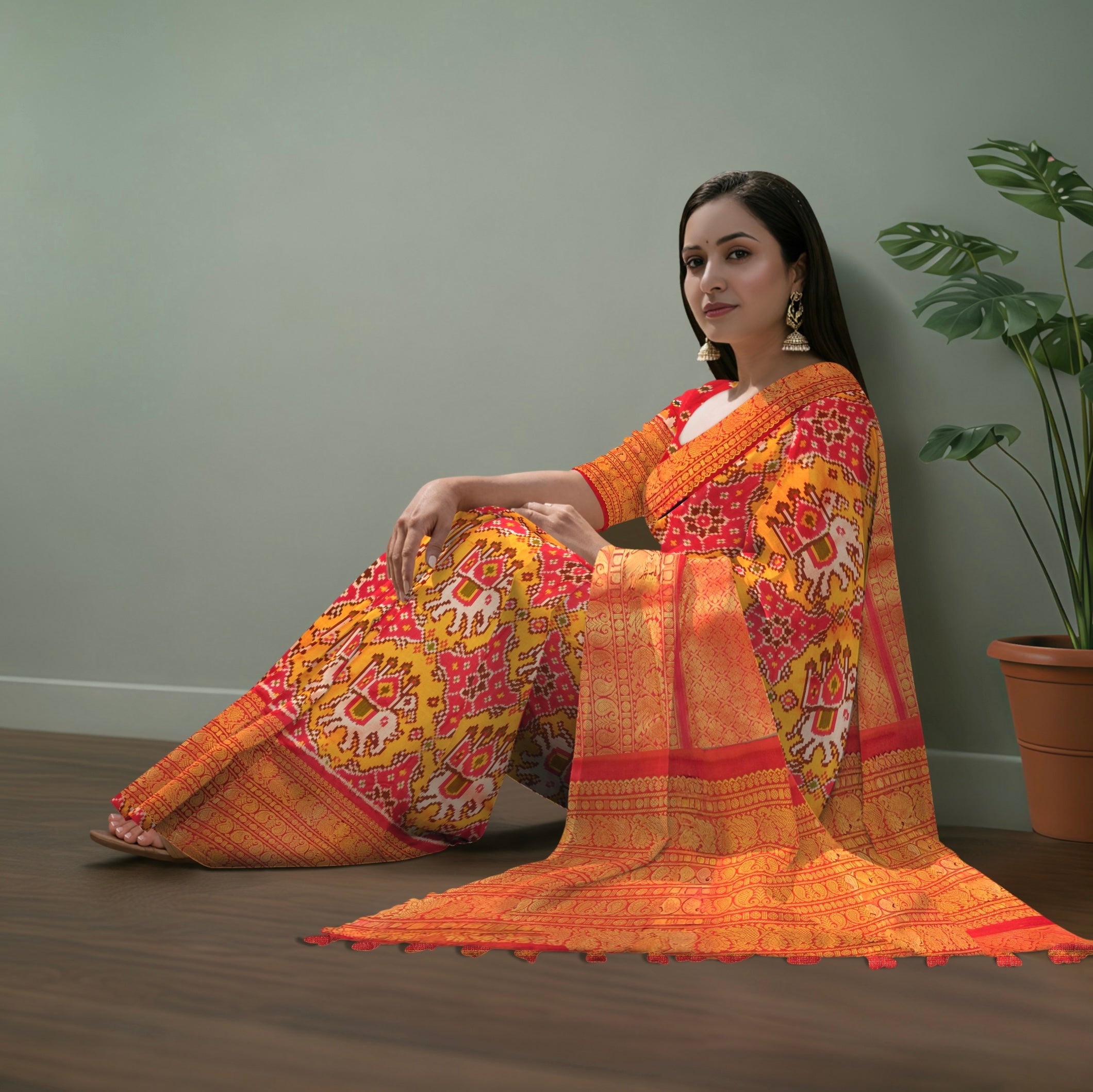 Pure Pochampally Ikat Silk Saree in Orange with Animal Motifs, Kanjivaram Border & Red Zari Pallu