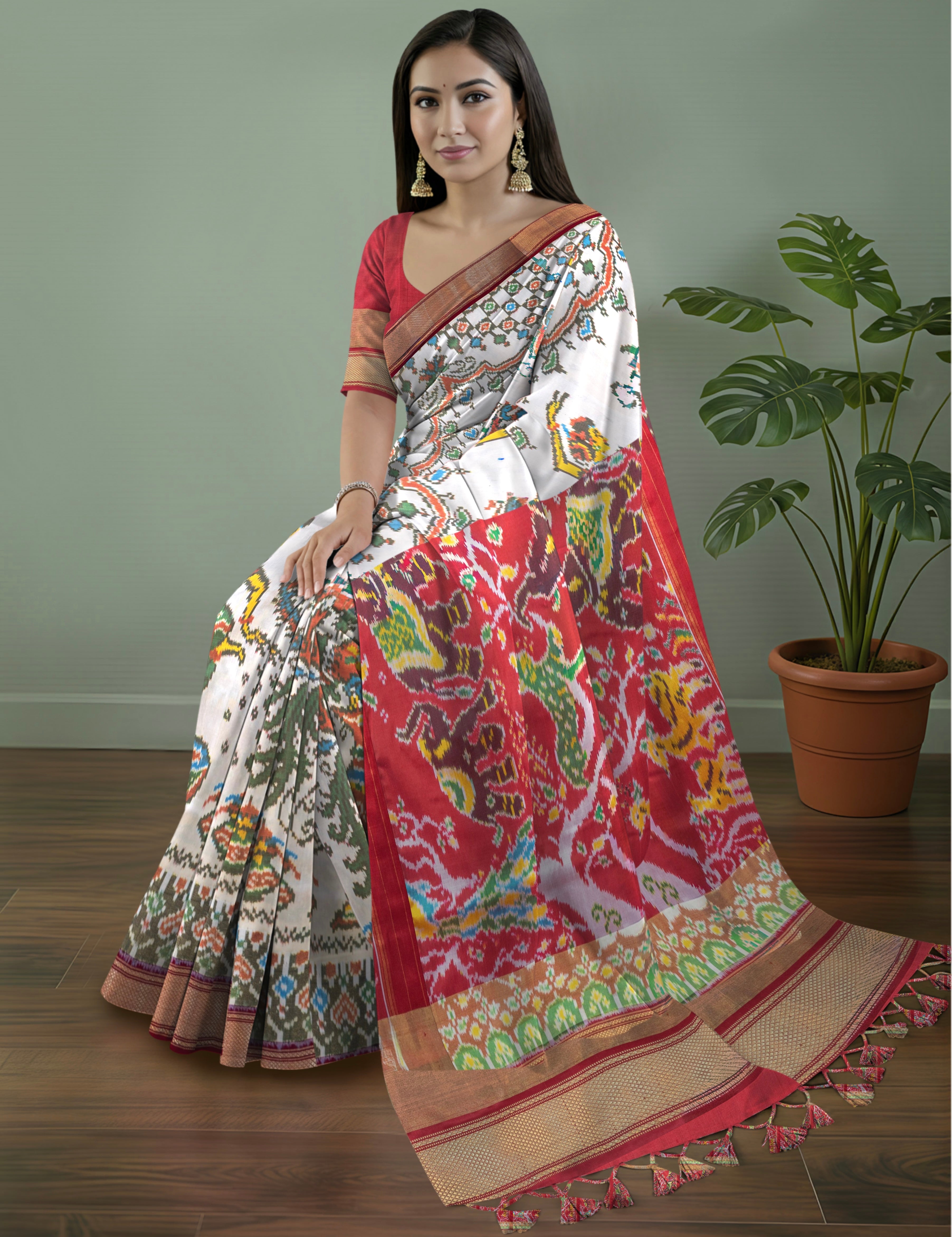 Pure Pochampally Double Ikat Silk Saree in White with Animal & Human Motifs and Red Pallu