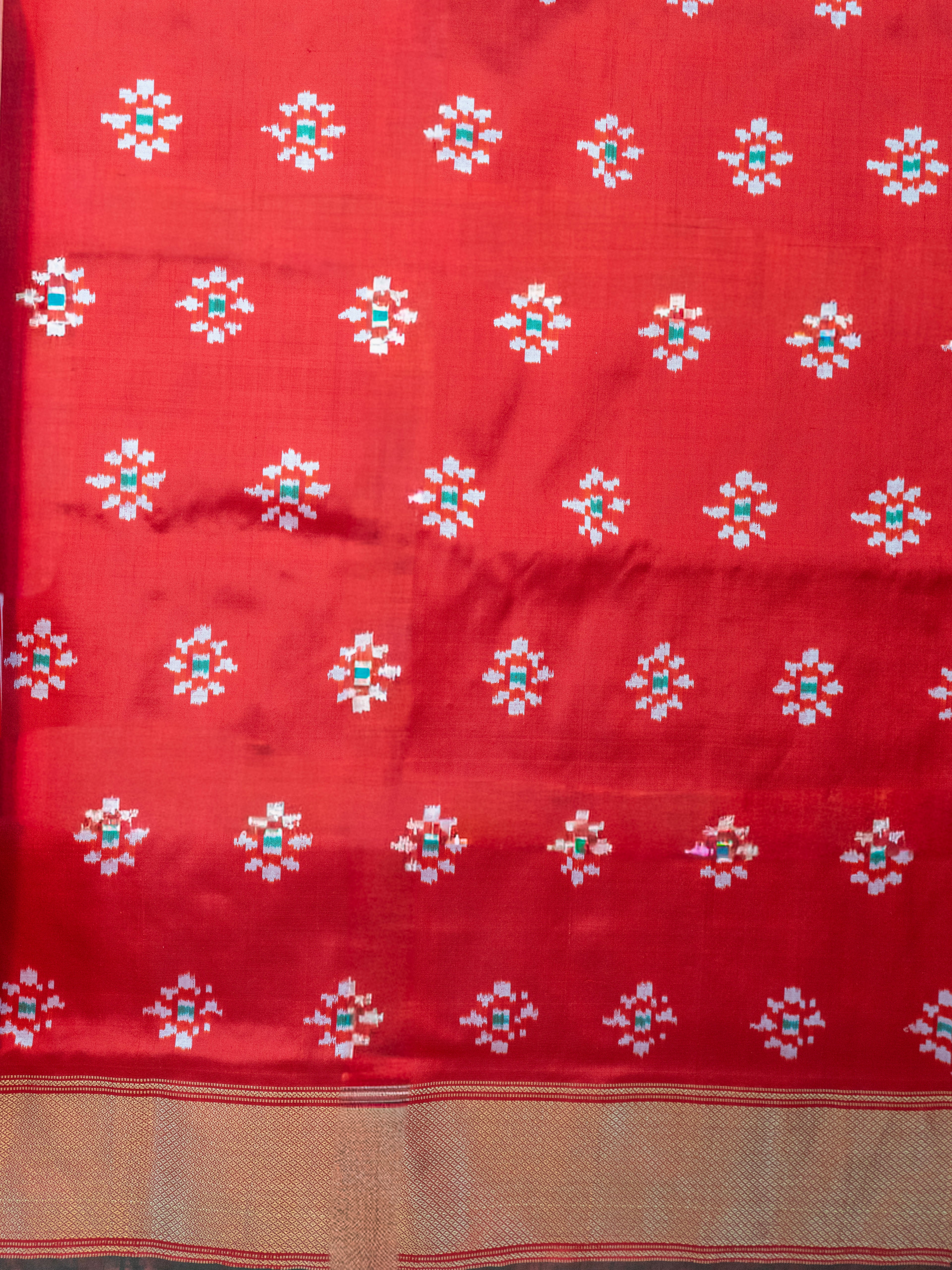 Pure Pochampally Double Ikat Fusion Silk Saree in Deep Red with Ikat & Bandhini Weave