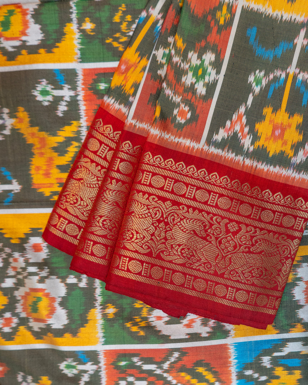 Pure Pochampally Double Ikat Silk Saree with Kanjivaram Border, Deep Red Designer Pallu