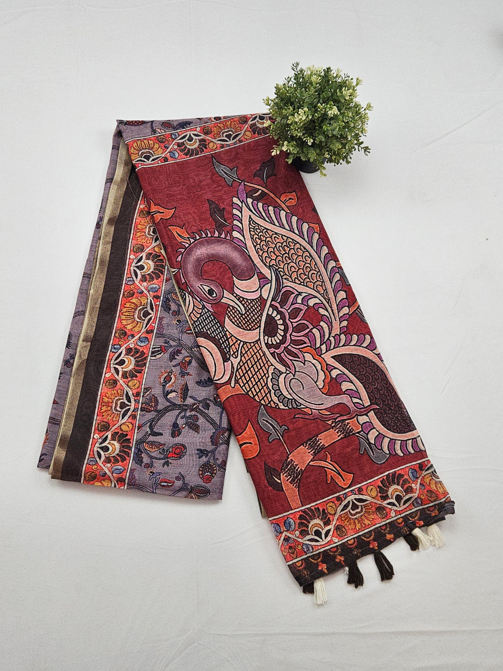 Kalamkari  Ajrak print with swan pallu saree