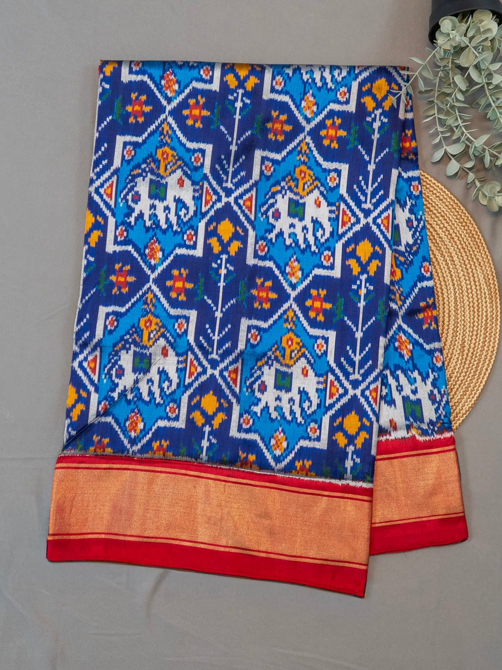 Pure Pochampally silk saree in Blue double ikkat with designer pallu and contrast Blouse
