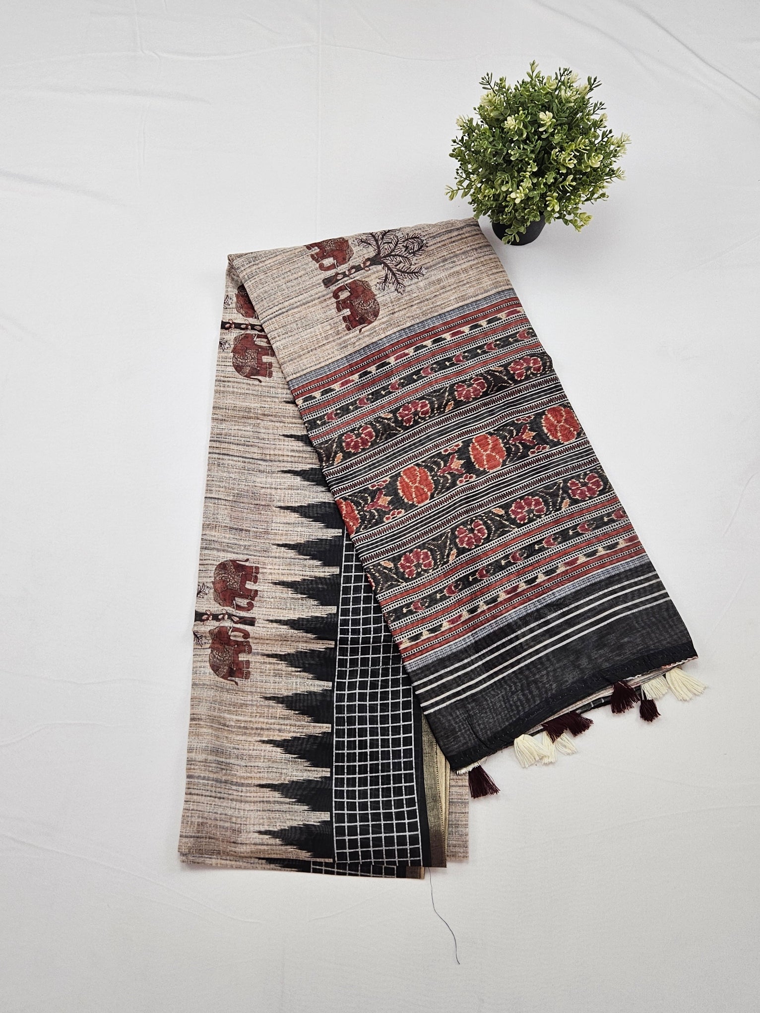 Kalamkari Ajrak Elephant print sarees with contrast blouse