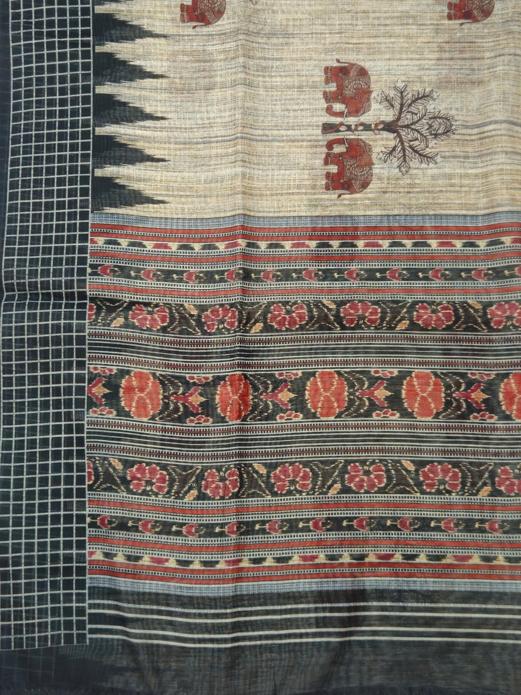 Kalamkari Ajrak Elephant print sarees with contrast blouse
