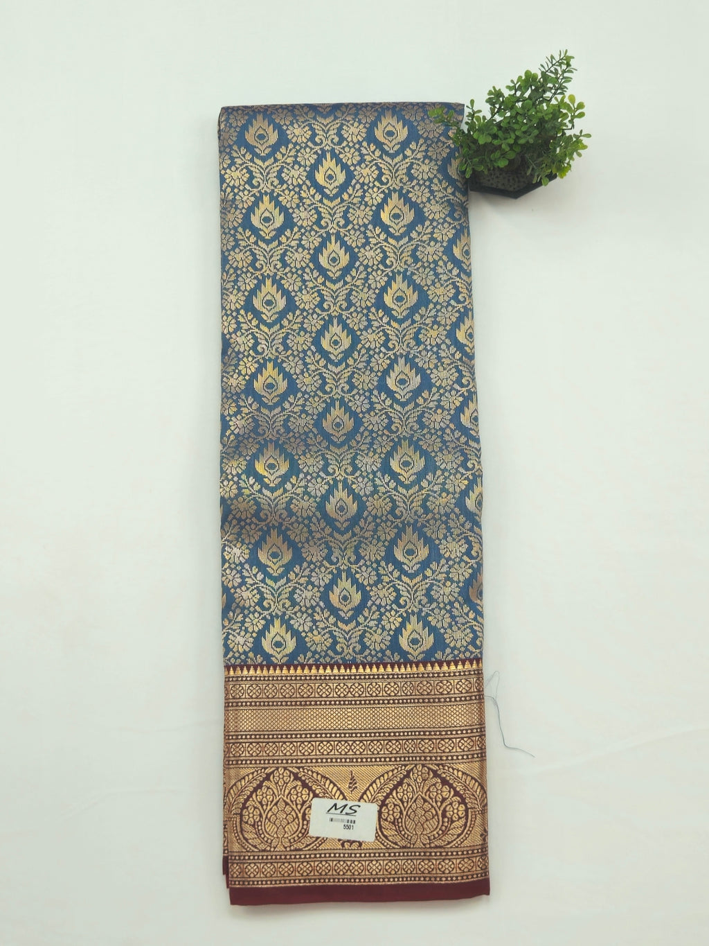 Kanchivaram golden weave saree in blue color with geometric weaves