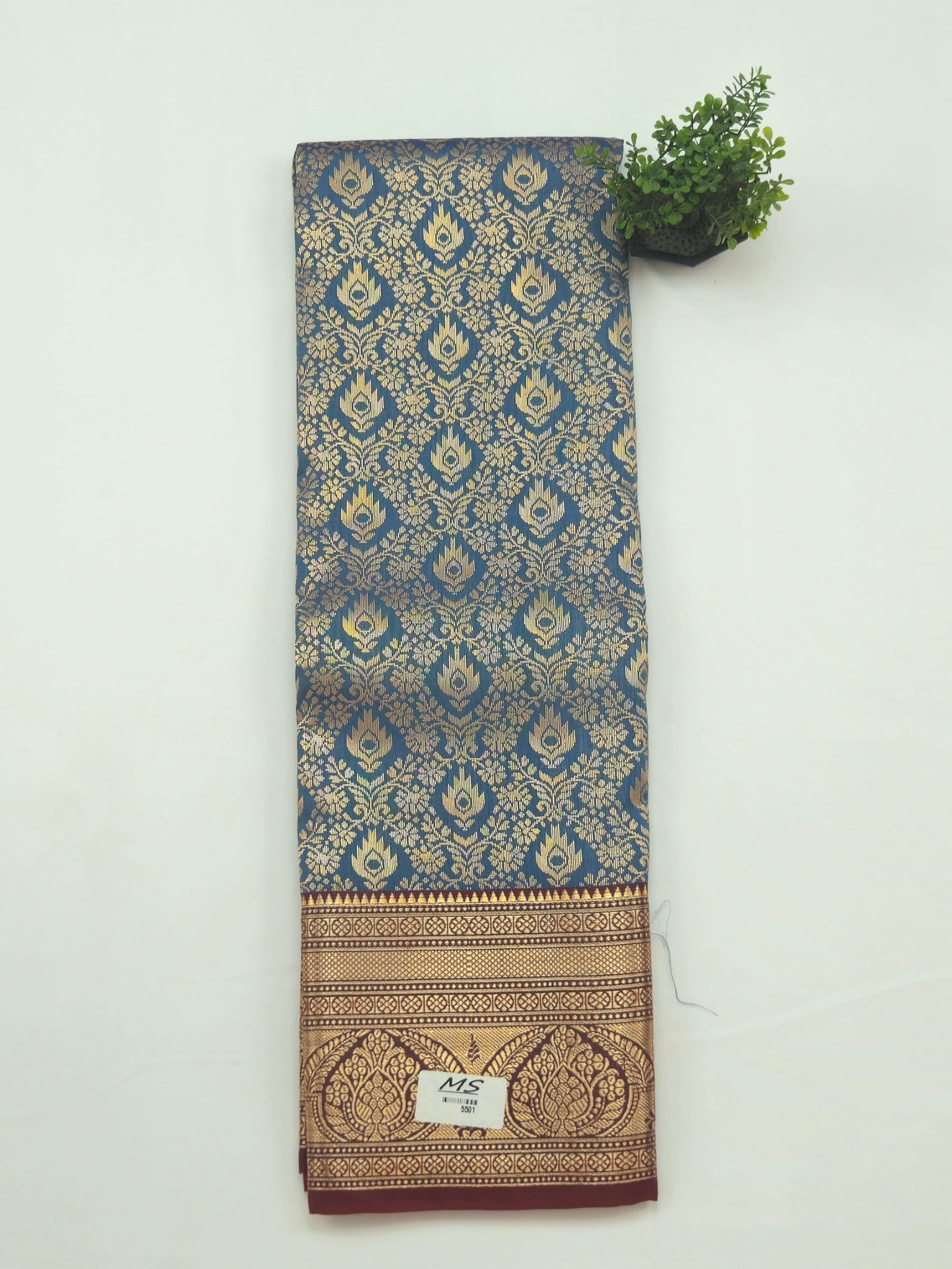 Kanchivaram golden weave saree in blue color with geometric weaves