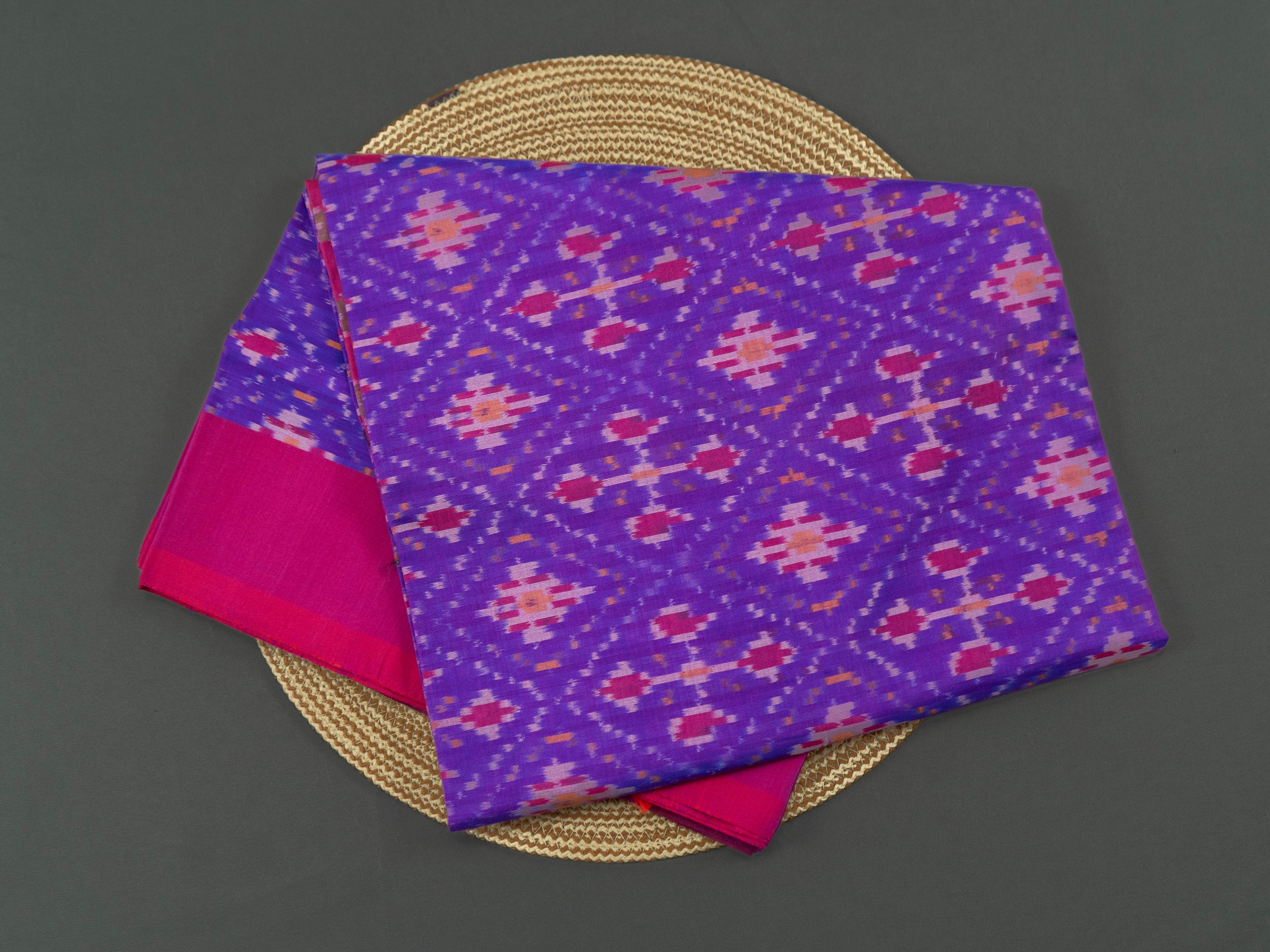 Pure Pochampally Cotton Silk Saree in Purple with Pink Ikat Pallu