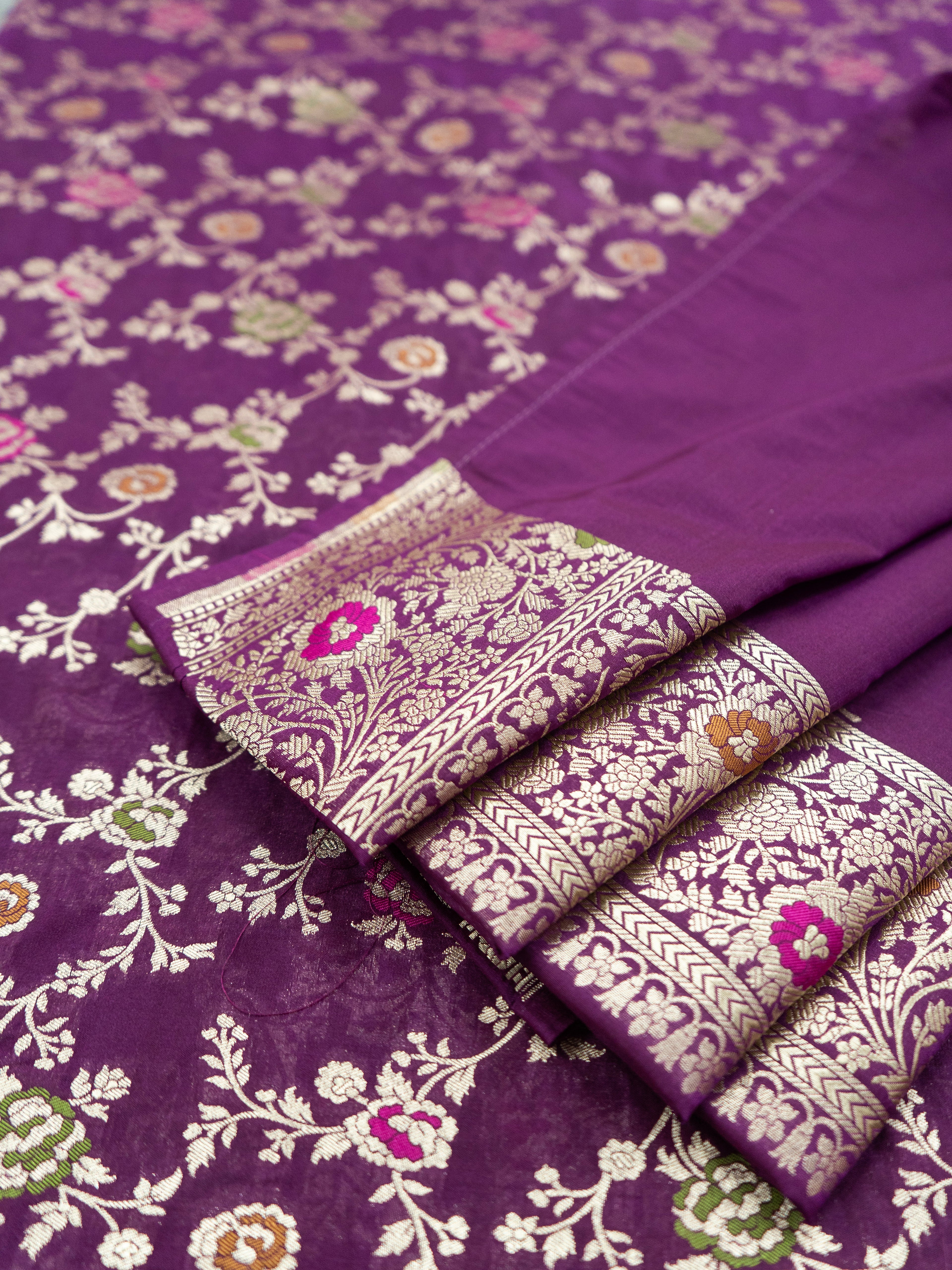 Pure Banarasi Katan Silk Saree in Purple with Silver Zari & Rich Zari Pallu