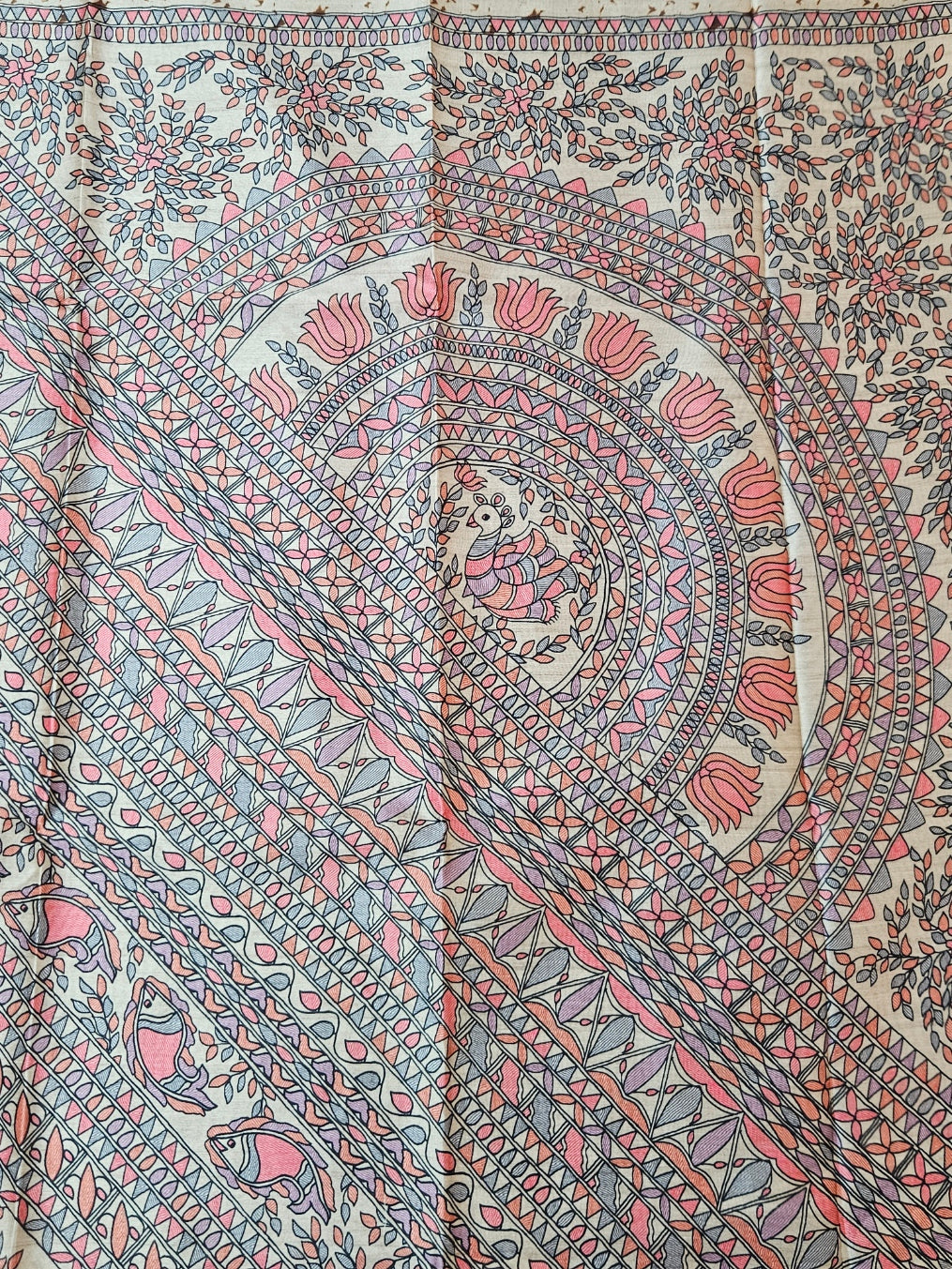 Kalamkari butta brown saree artistic fish print pallu