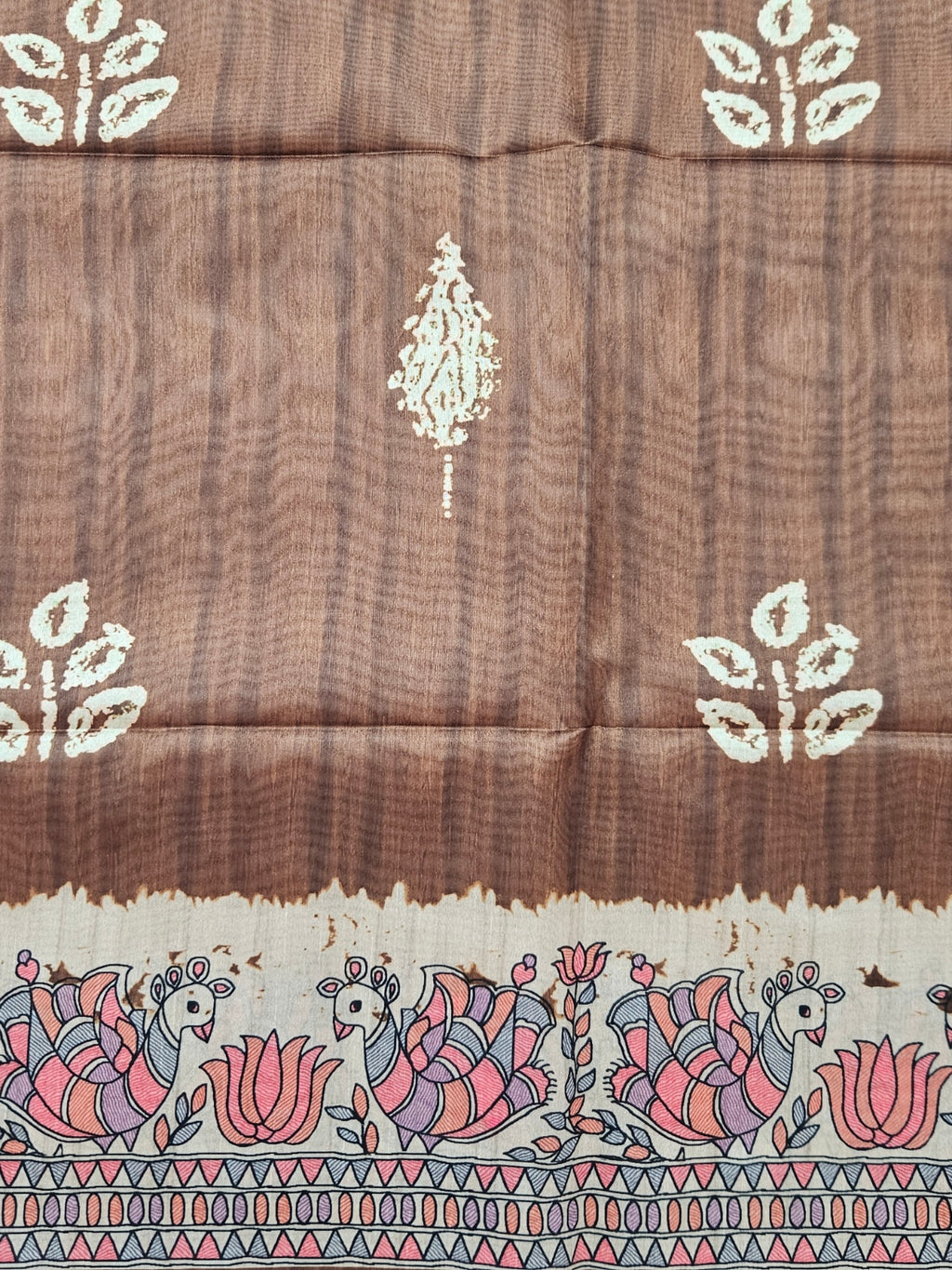 Kalamkari butta brown saree artistic fish print pallu