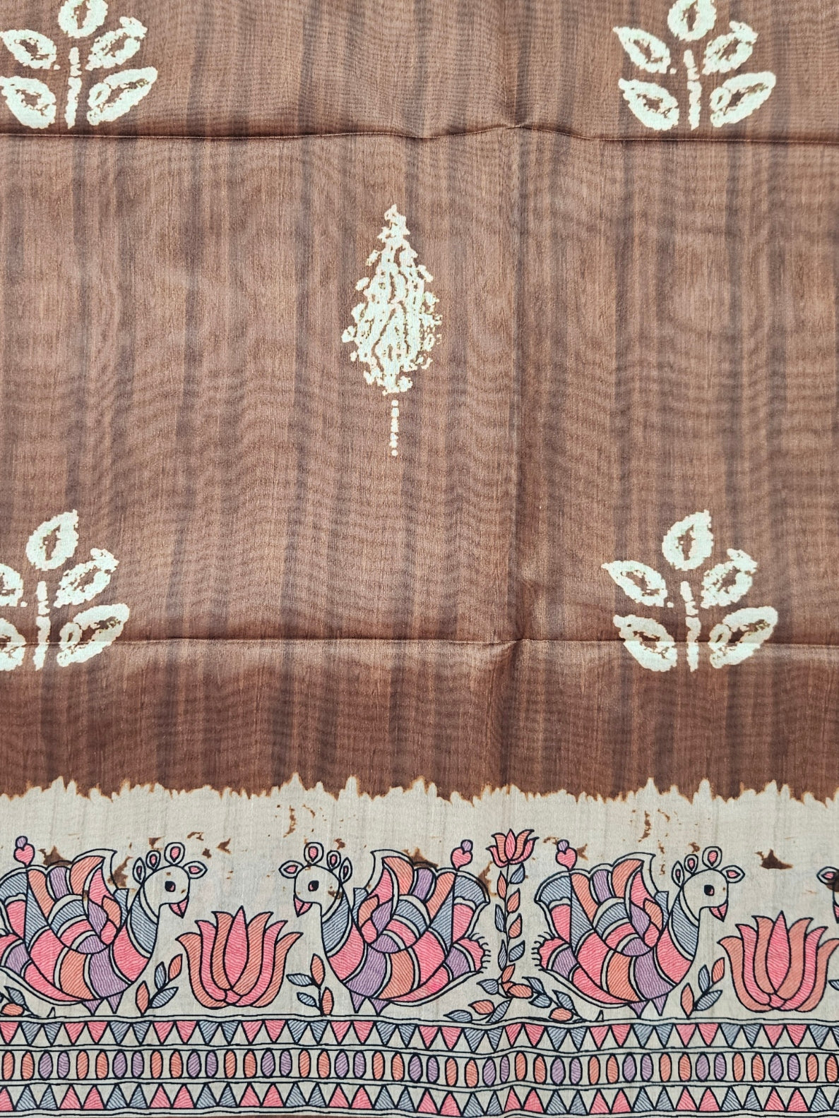 Kalamkari butta brown saree artistic fish print pallu