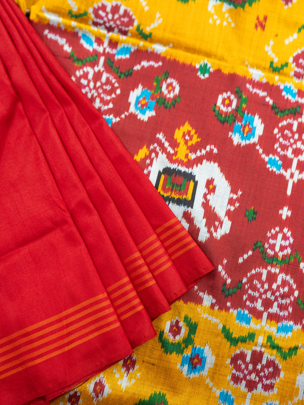 Pure Pochampally Silk Saree in Red & Mustard with Animal Ikat Weaving and Red Pallu