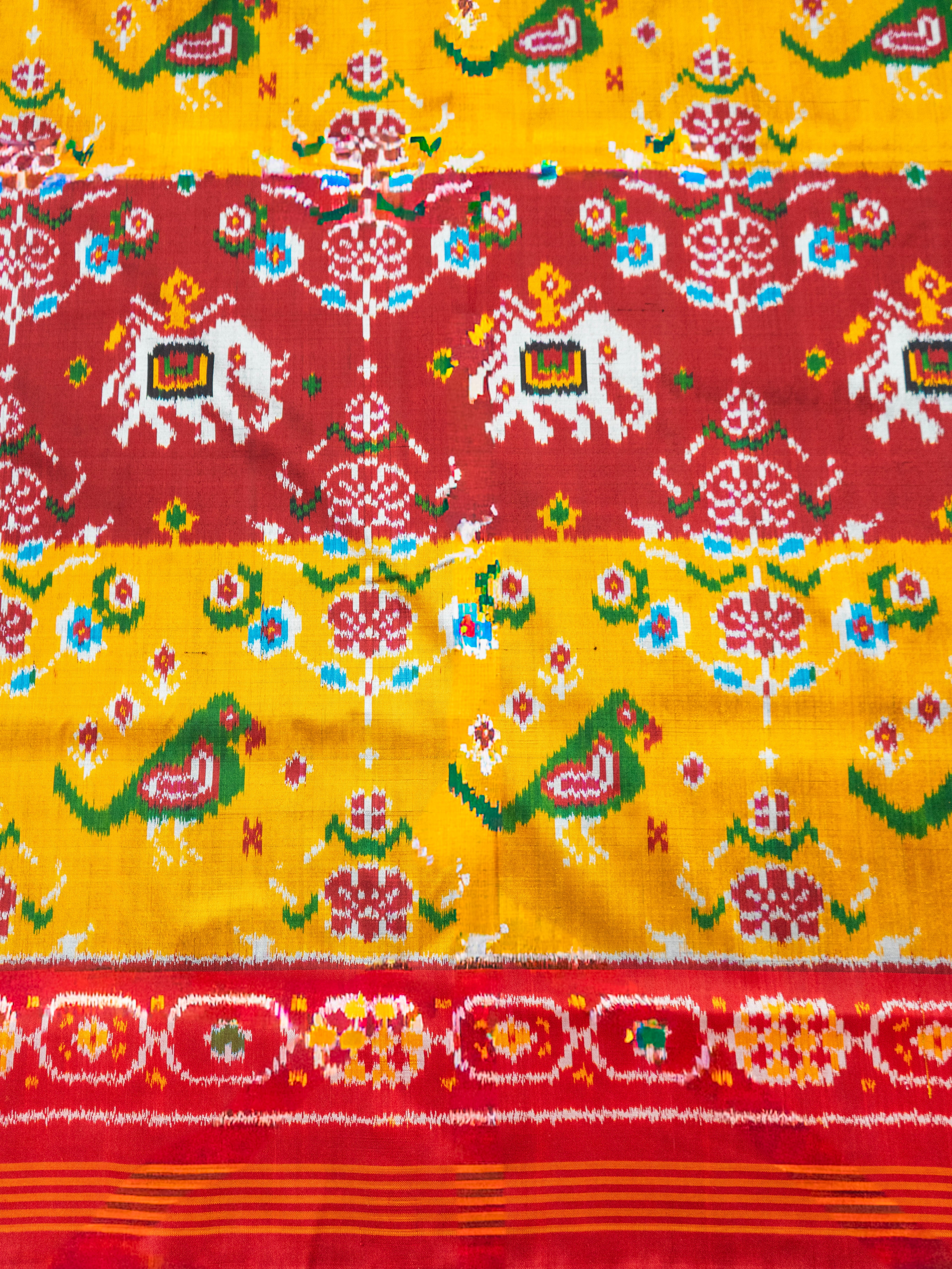 Pure Pochampally Silk Saree in Red & Mustard with Animal Ikat Weaving and Red Pallu