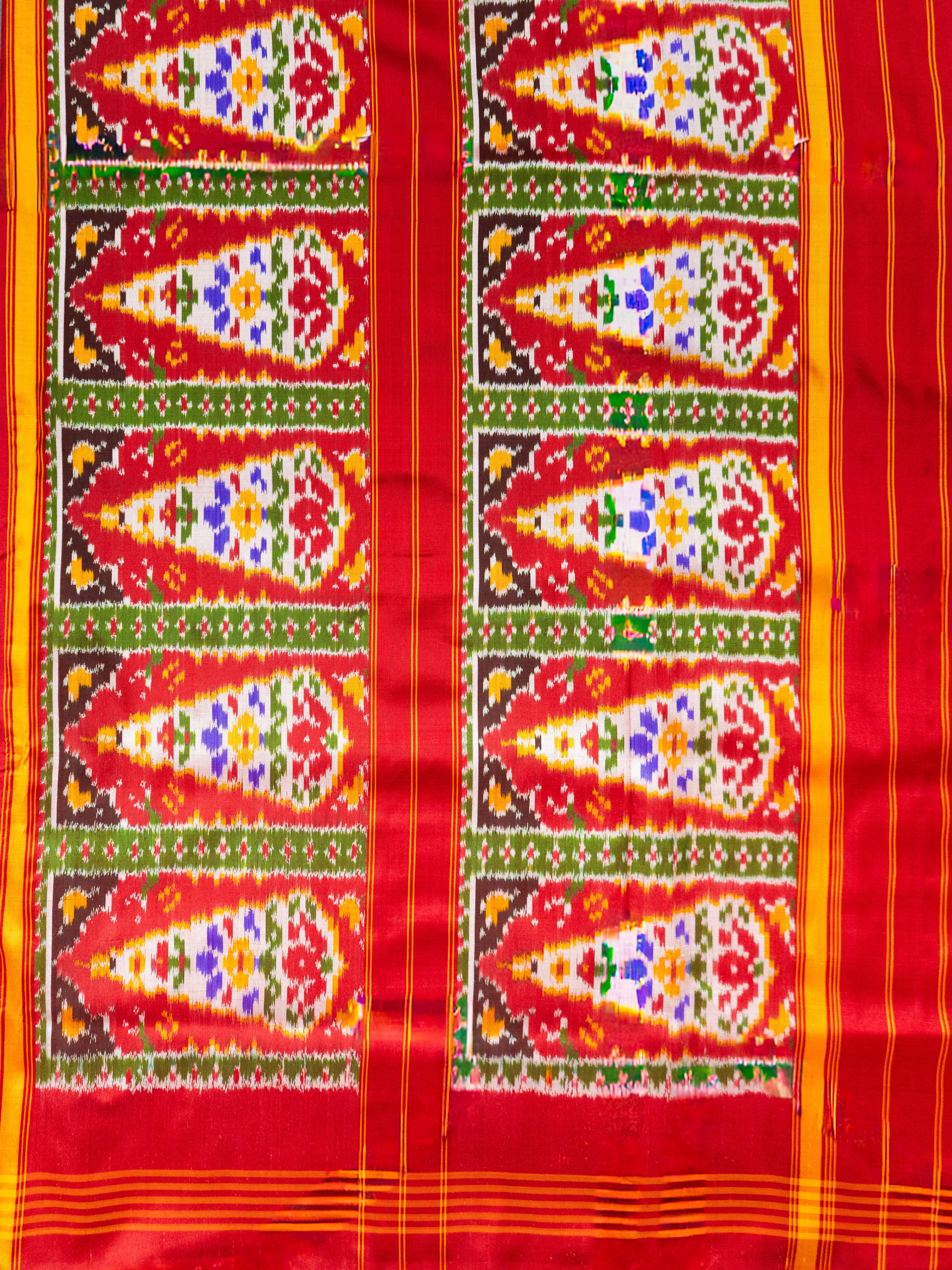 Pure Pochampally Silk Saree in Red & Mustard with Animal Ikat Weaving and Red Pallu