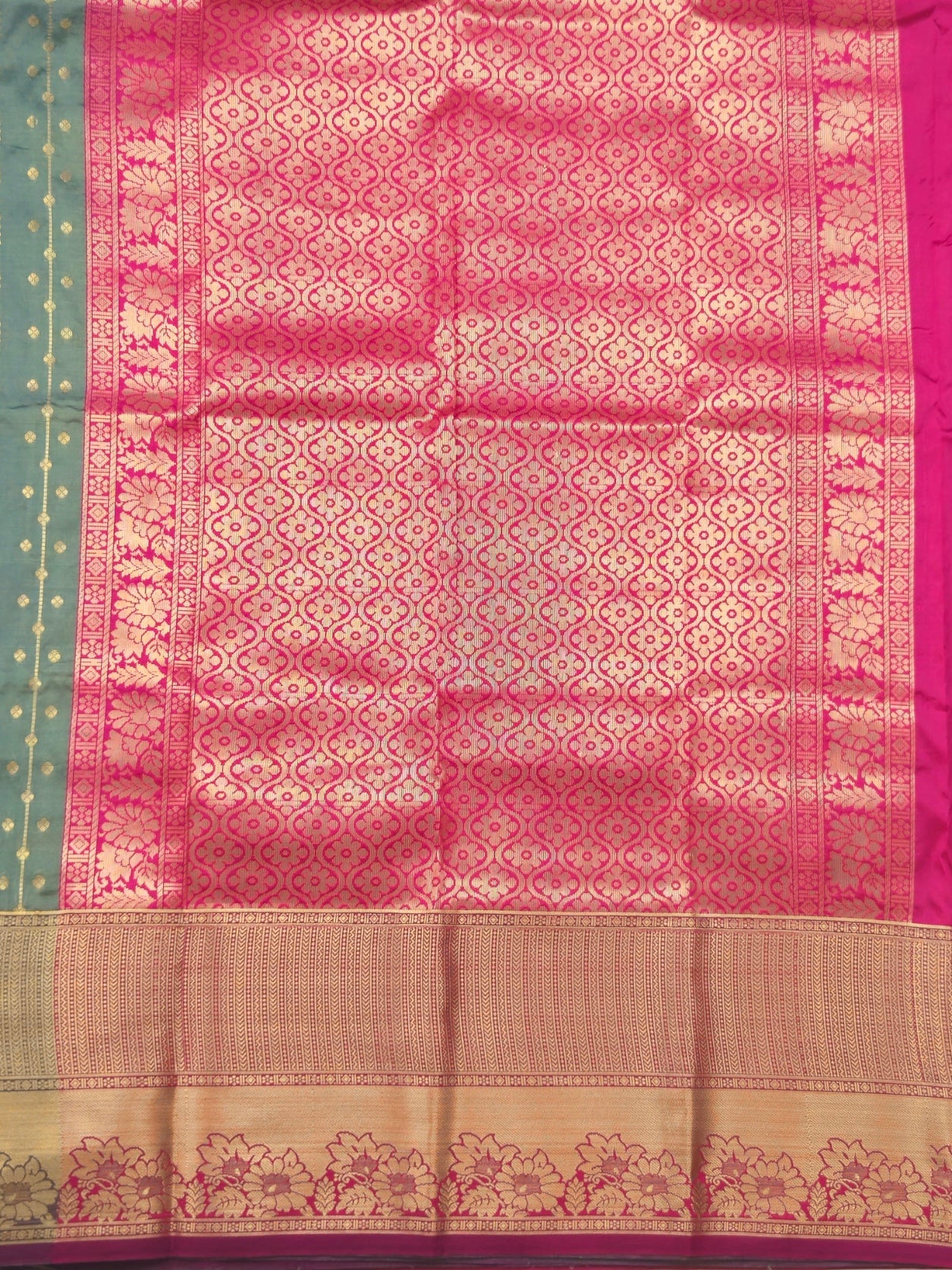 Kanchivaram golden line weaves saree in grey color with geometric weaves