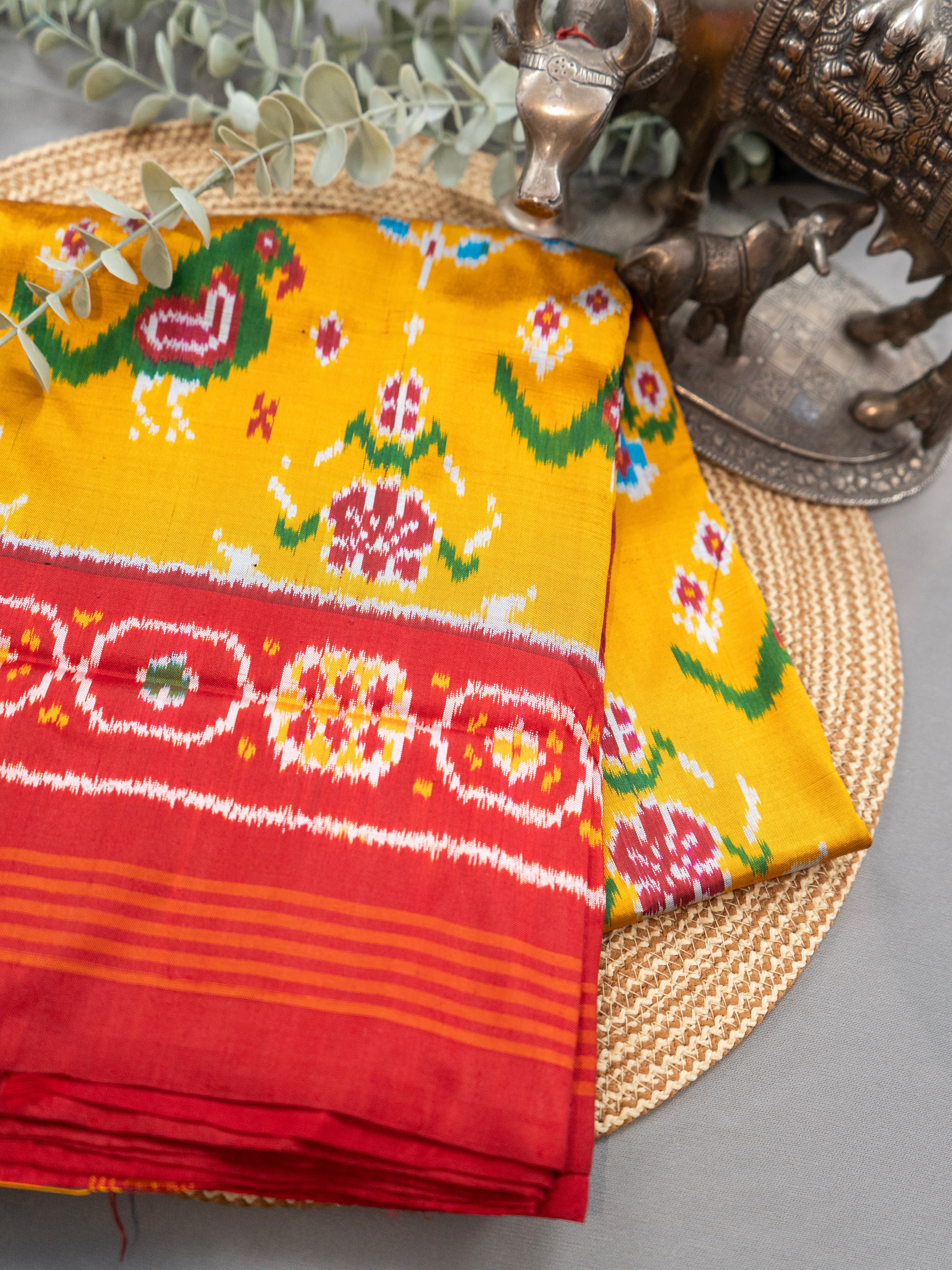 Pure Pochampally Silk Saree in Red & Mustard with Animal Ikat Weaving and Red Pallu