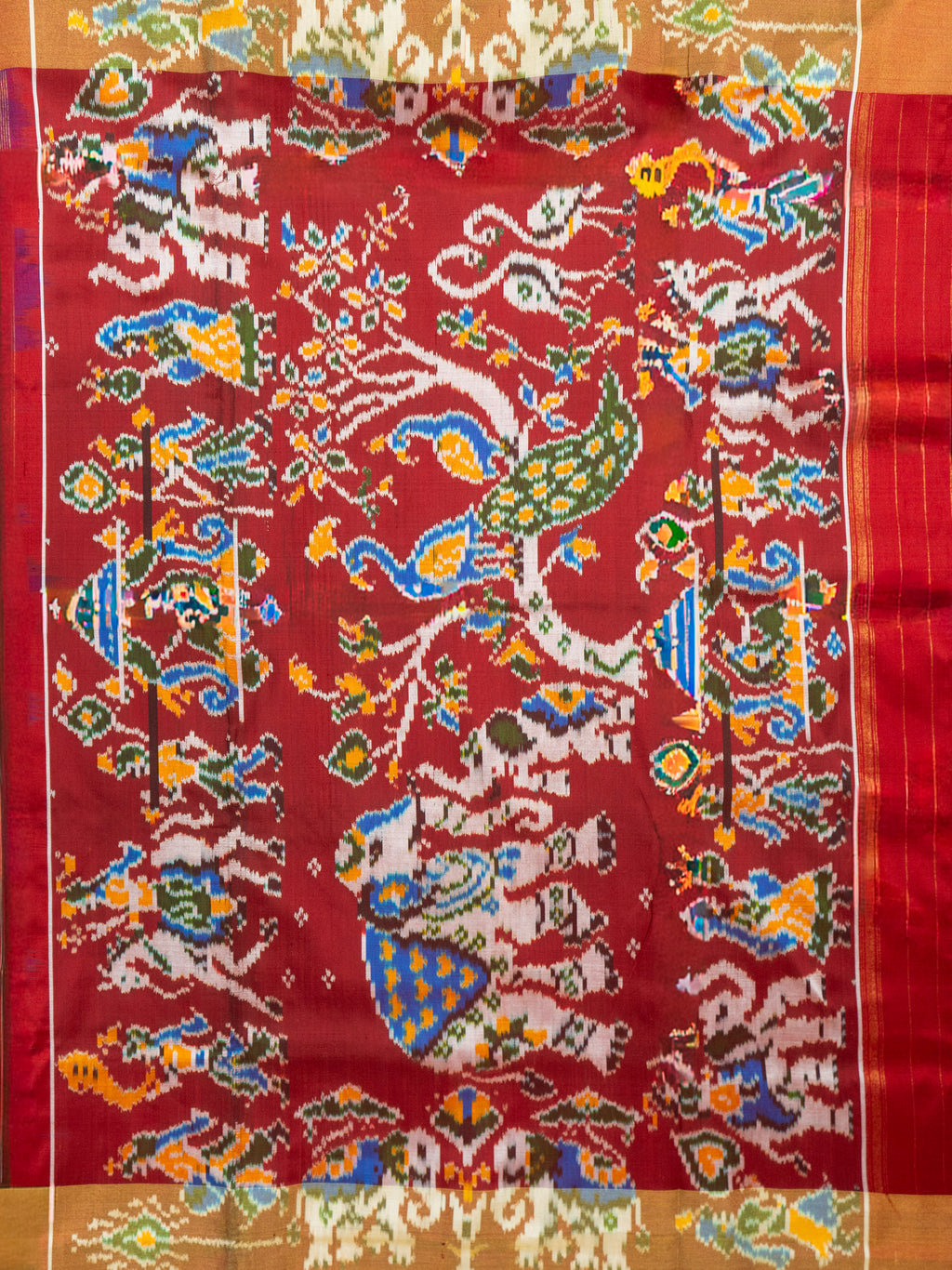 Pure Pochampally Double Ikat Silk Saree in Blue with Multicolor Ikat & Red Animal Pallu
