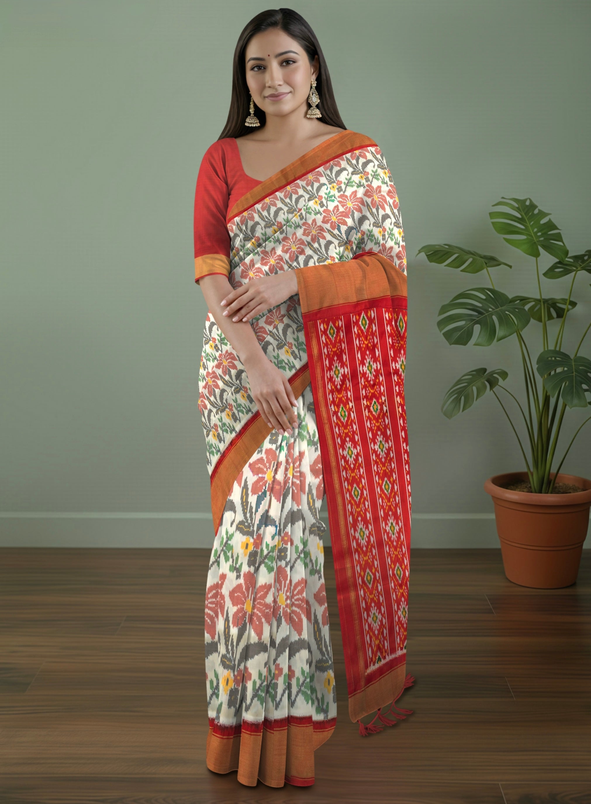 Pure Pochampally Double Ikat Silk Saree in White with Red Ikat Floral Pallu