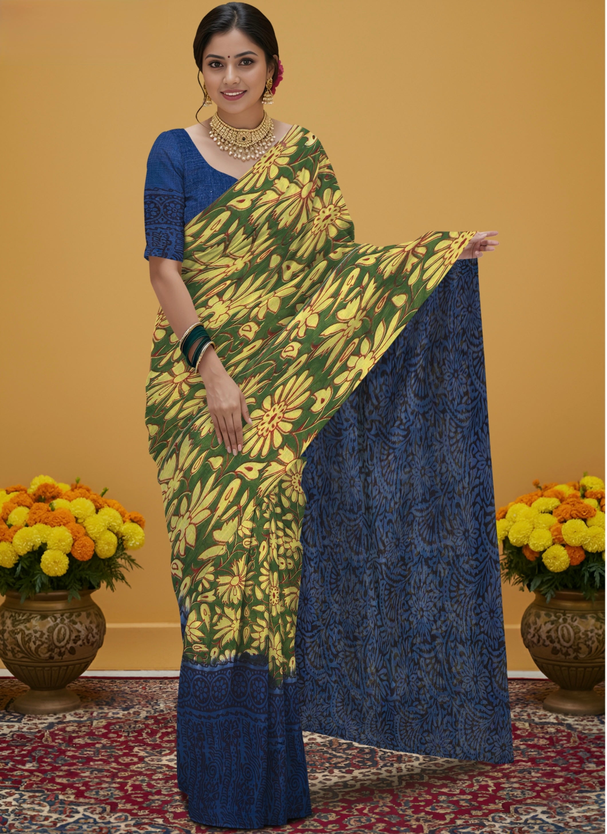 Kalamkari Floral Print Saree with Contrast Kalamkari Pallu & Border