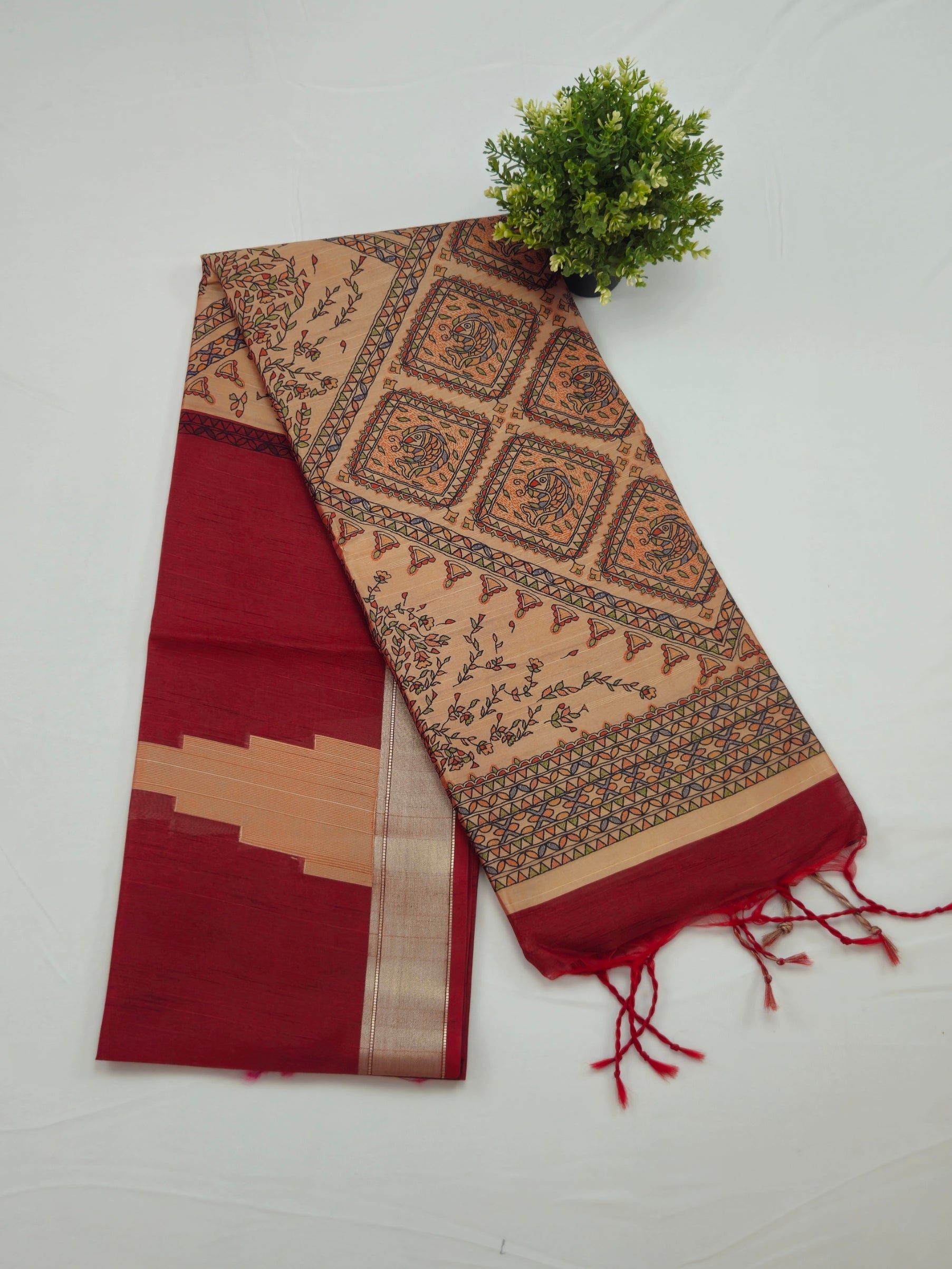 Kalamkari Geometric print blood red saree with contrast butta blouse