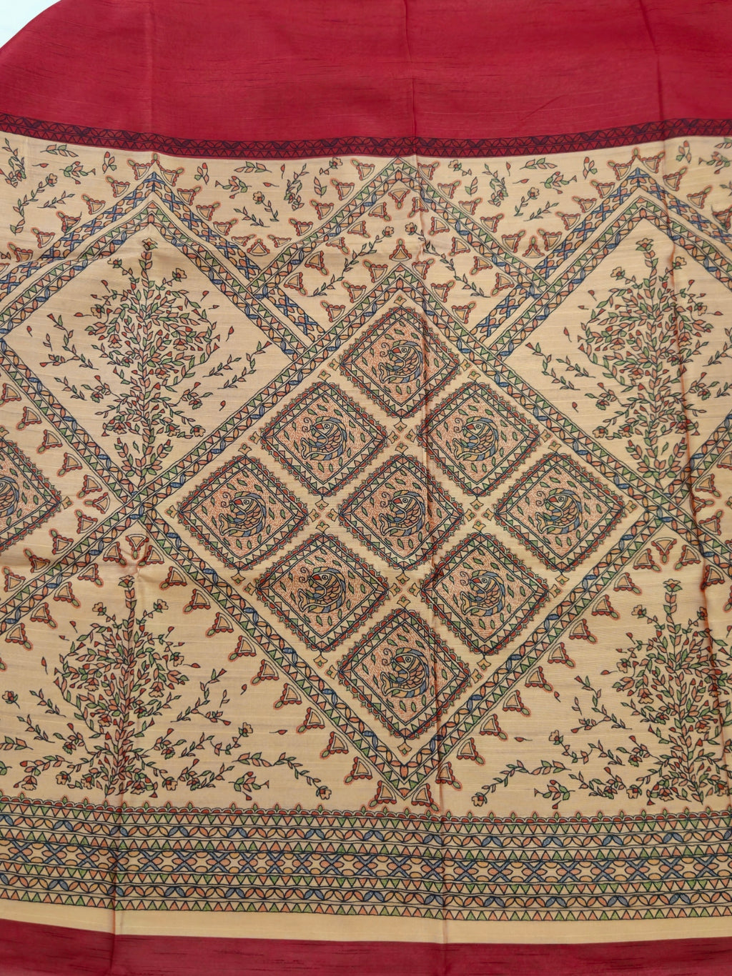 Kalamkari Geometric print blood red saree with contrast butta blouse