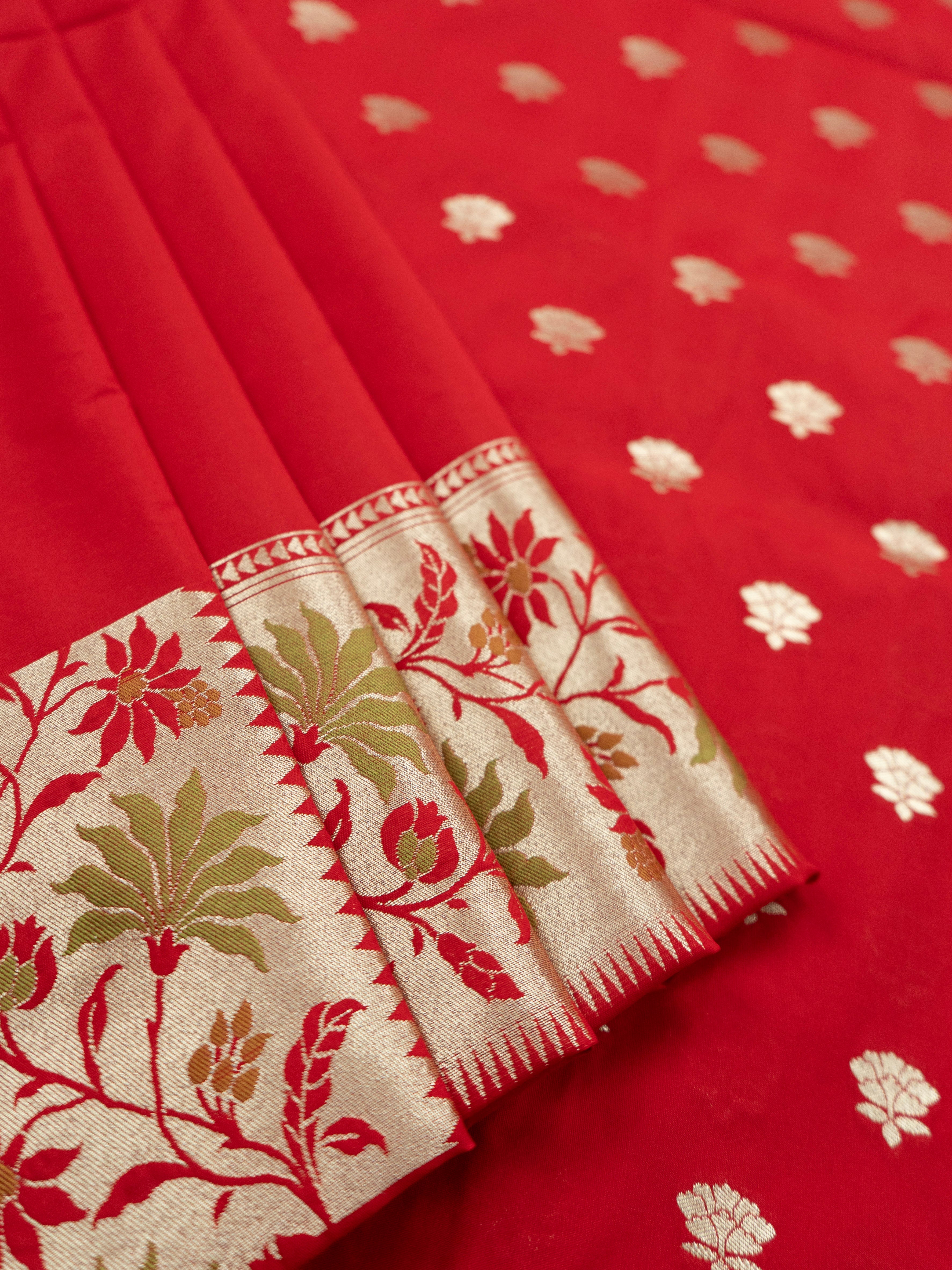 Pure Banarasi Katan Silk Saree in Deep Red with Floral Zari & Rich Zari Pallu
