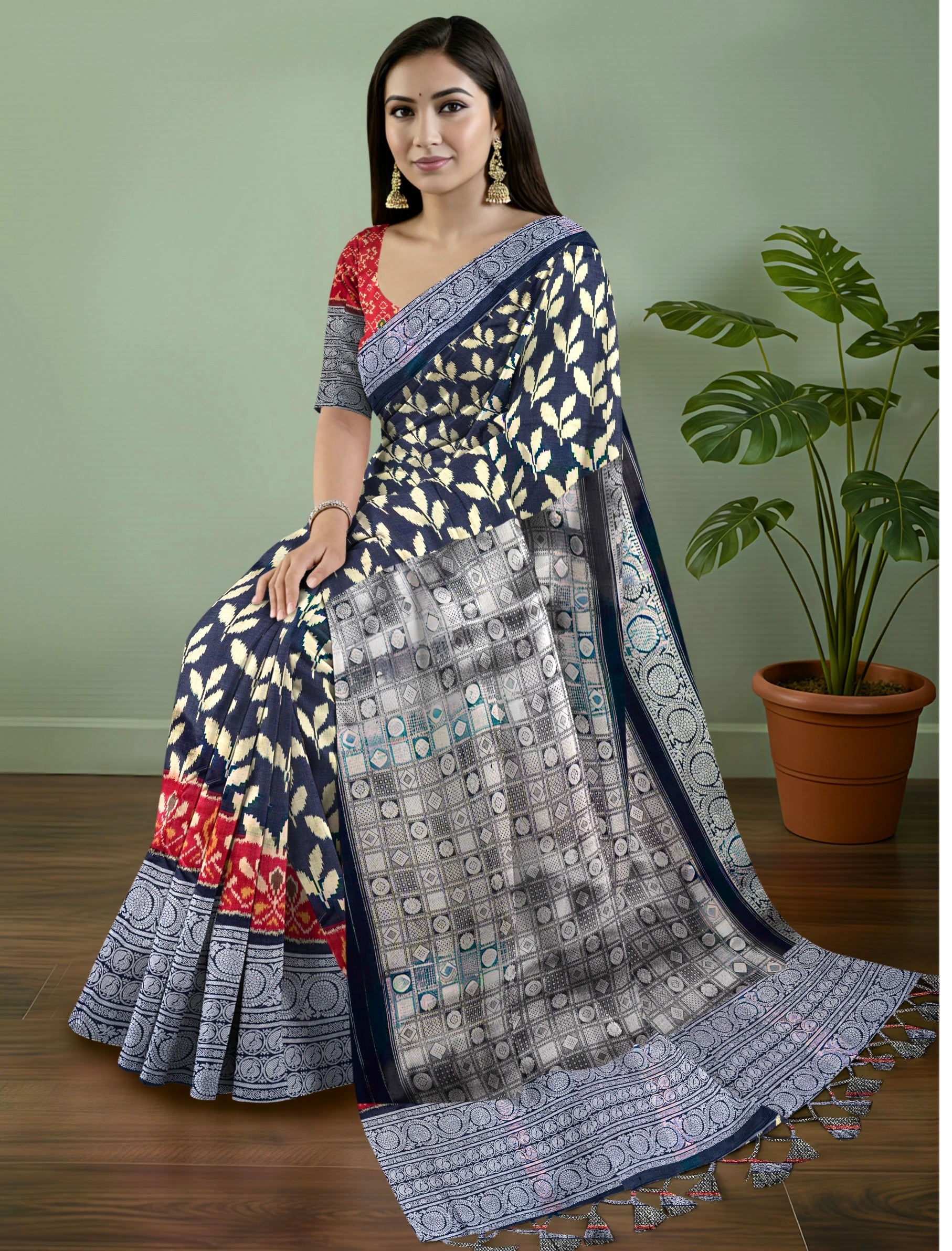 Pure Pochampally Silk Saree with Kanjeevaram Silver Zari Border & Black Silver Pallu