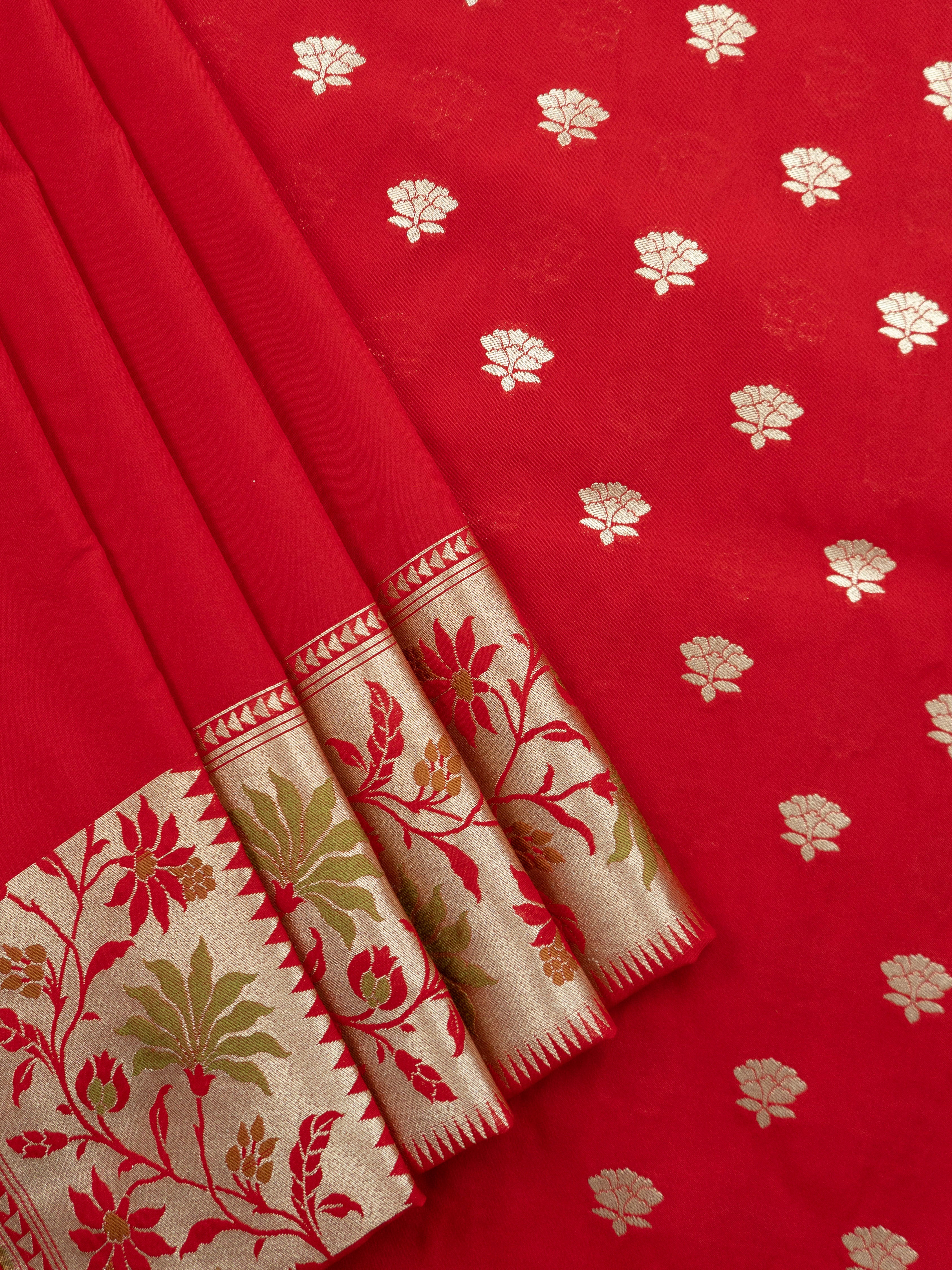 Pure Banarasi Katan Silk Saree in Deep Red with Floral Zari & Rich Zari Pallu