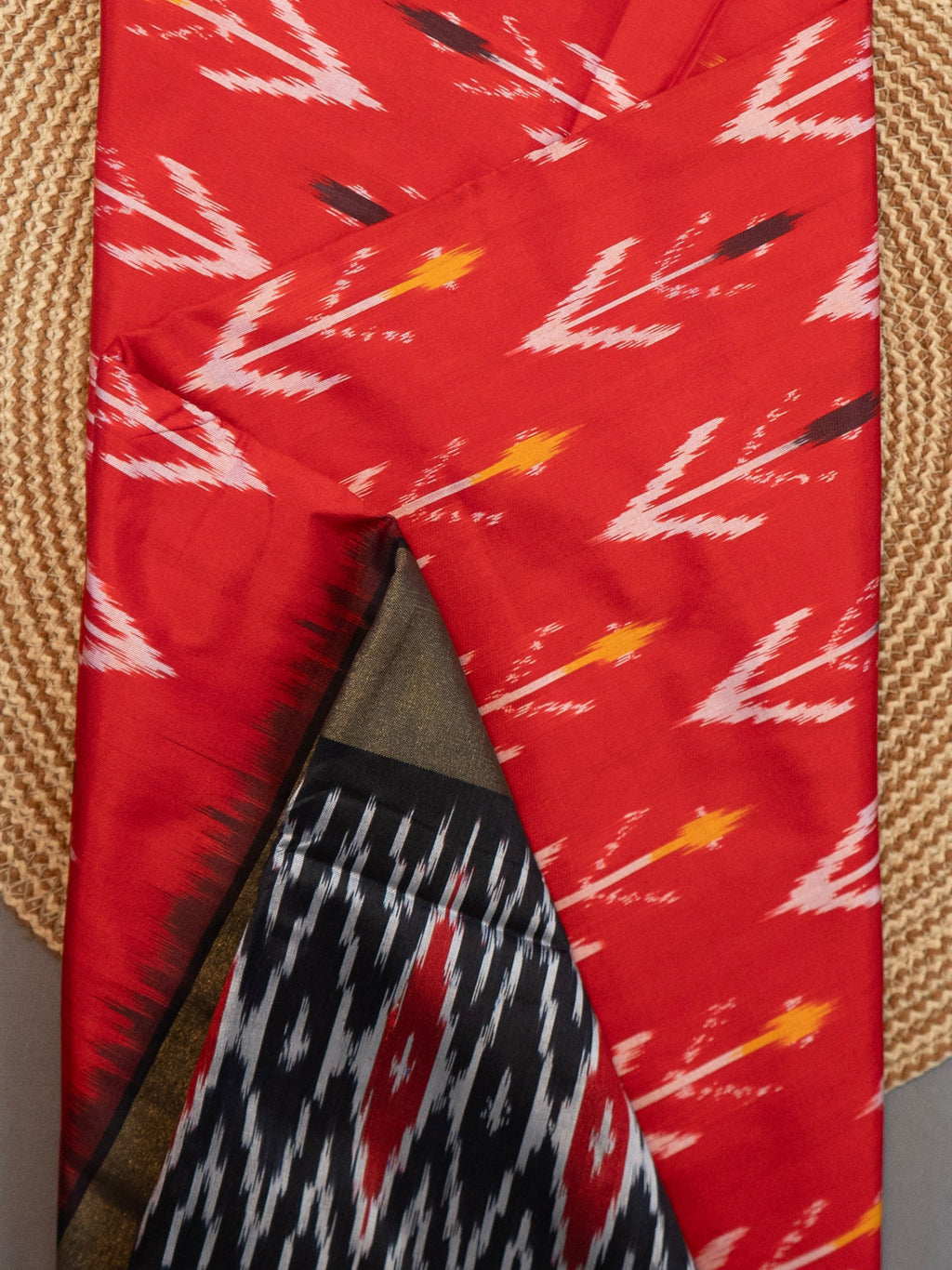 Pure Pochampally Silk Double Ikat Saree in Red with Black Pallu