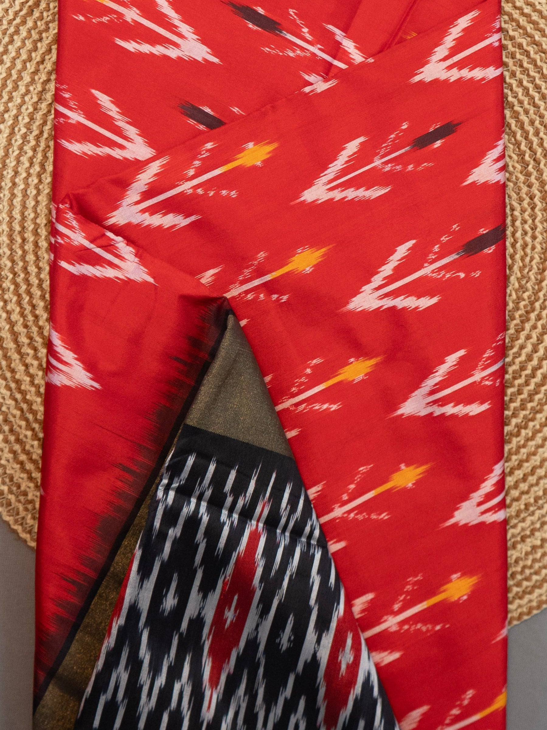 Pure Pochampally Silk Double Ikat Saree in Red with Black Pallu