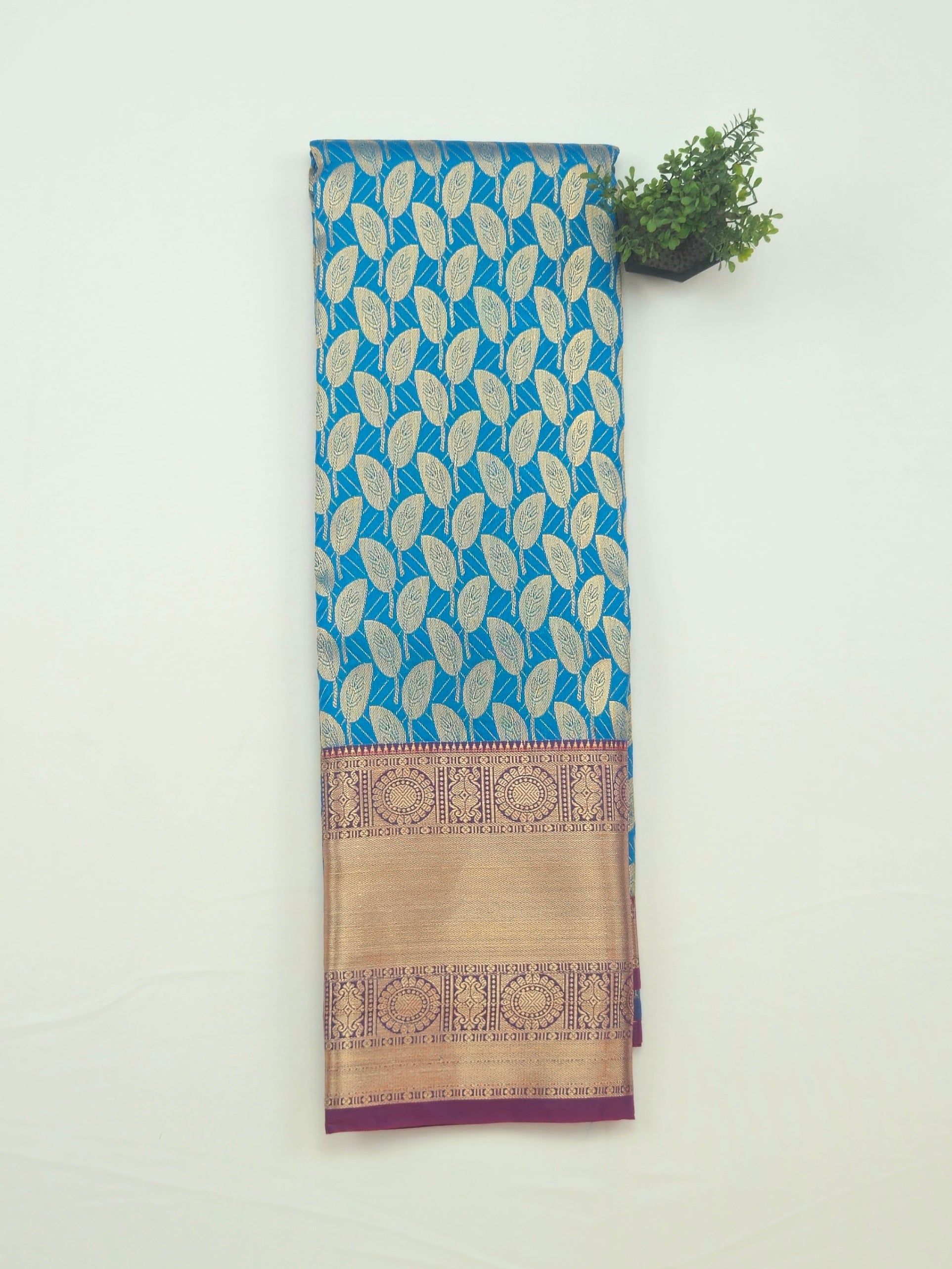 Kanchivaram golden leaf weave saree in sky blue color with pattu border