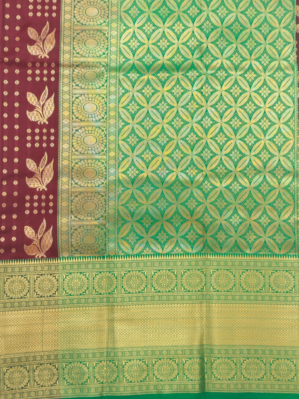 Kanchivaram golden weave saree in brown color with geometric weaves