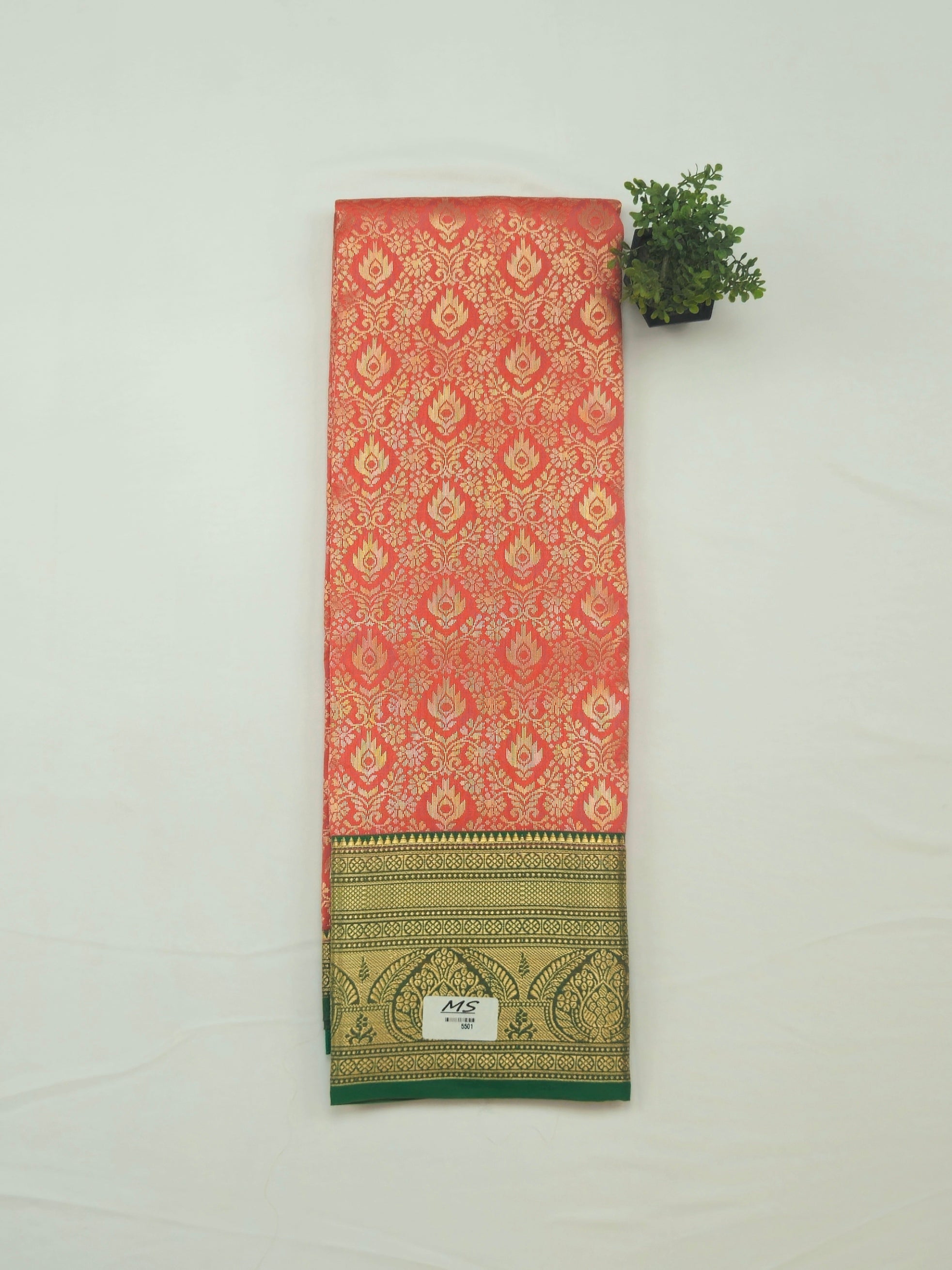 Kanchivaram golden weave saree in Kesari Orange color with pattu border