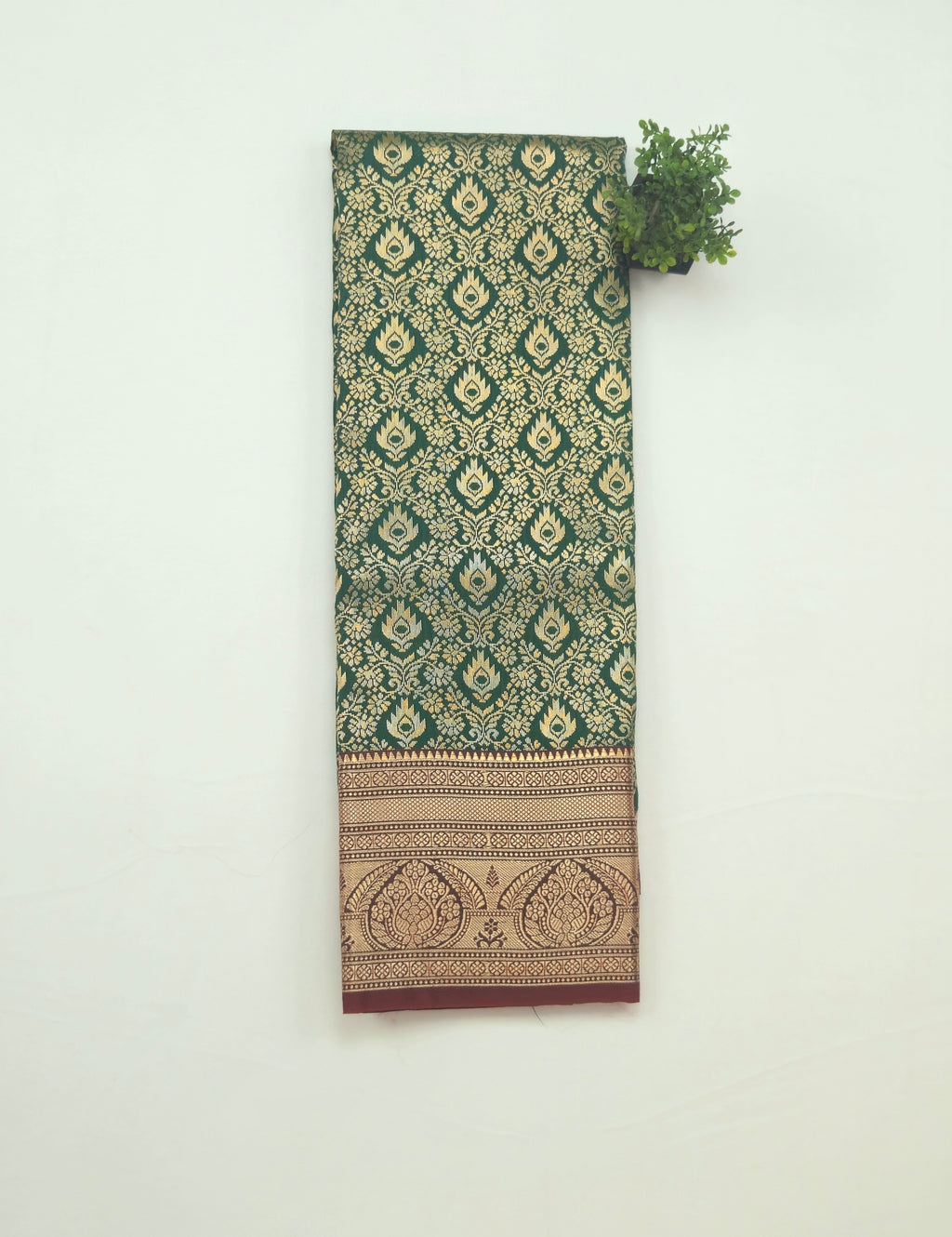 Kanchivaram golden weave saree in Deep green color with pattu border