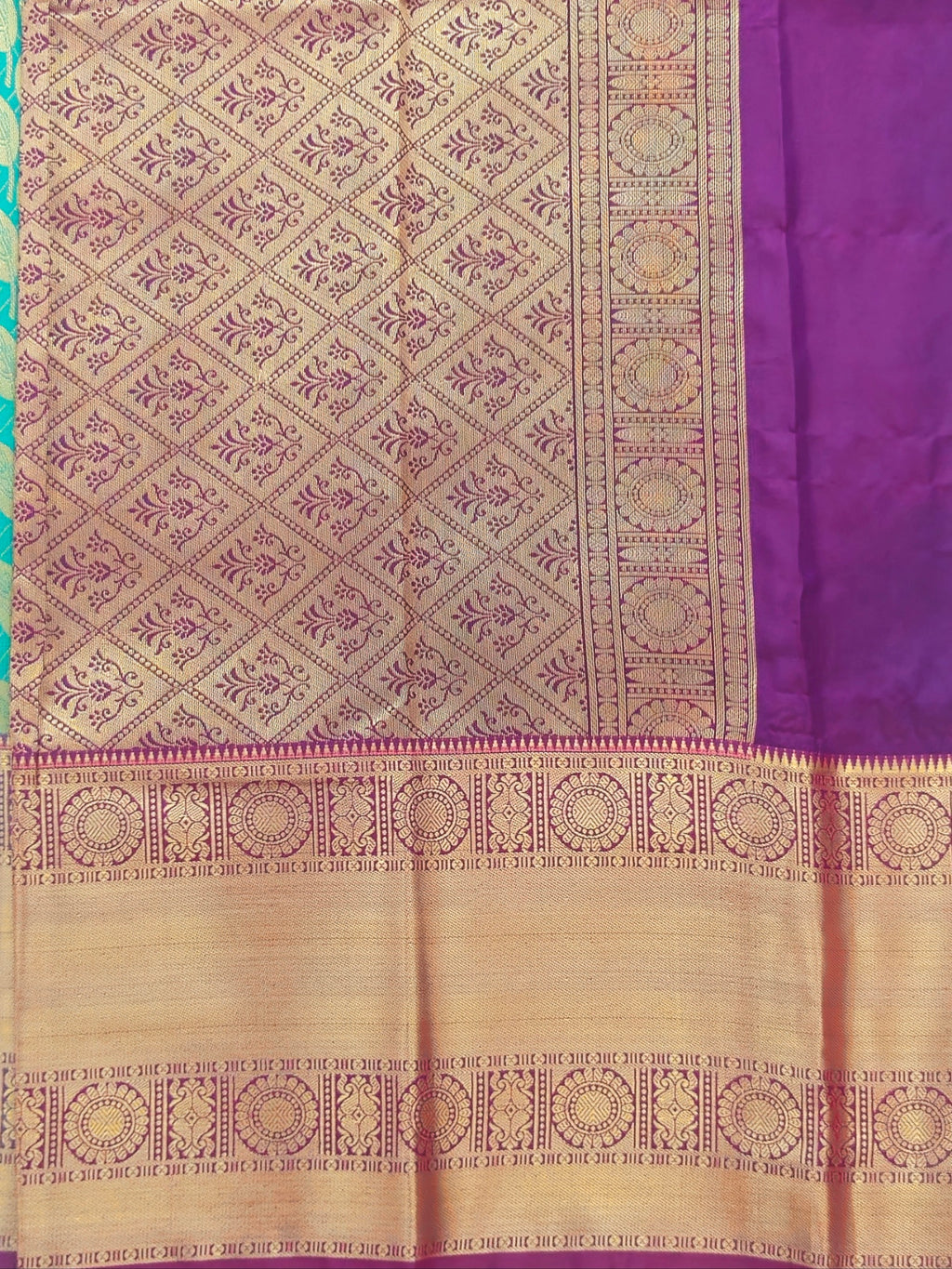 Kanchivaram golden leaf weave saree in Algae color with pattu border
