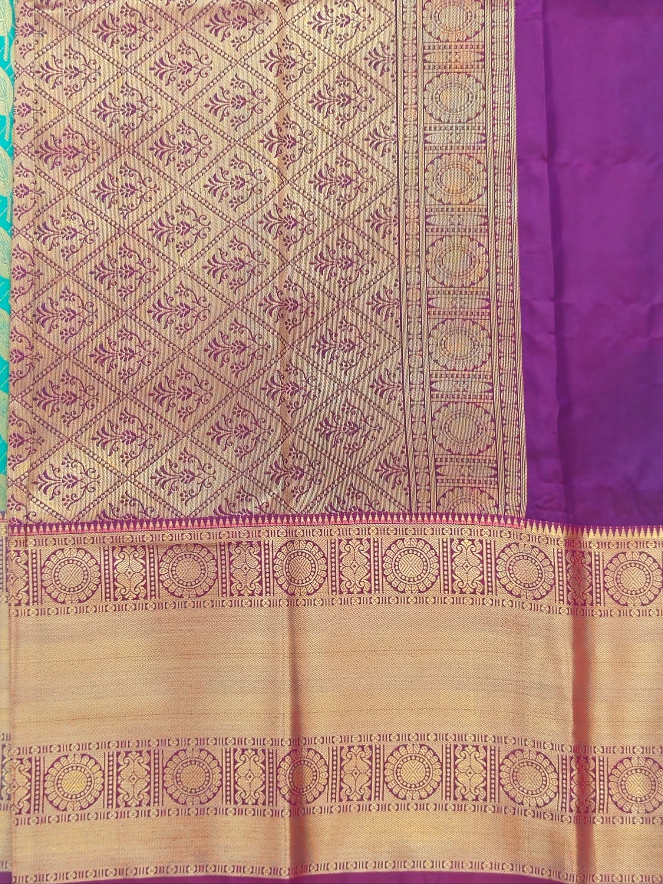 Kanchivaram golden leaf weave saree in Algae color with pattu border