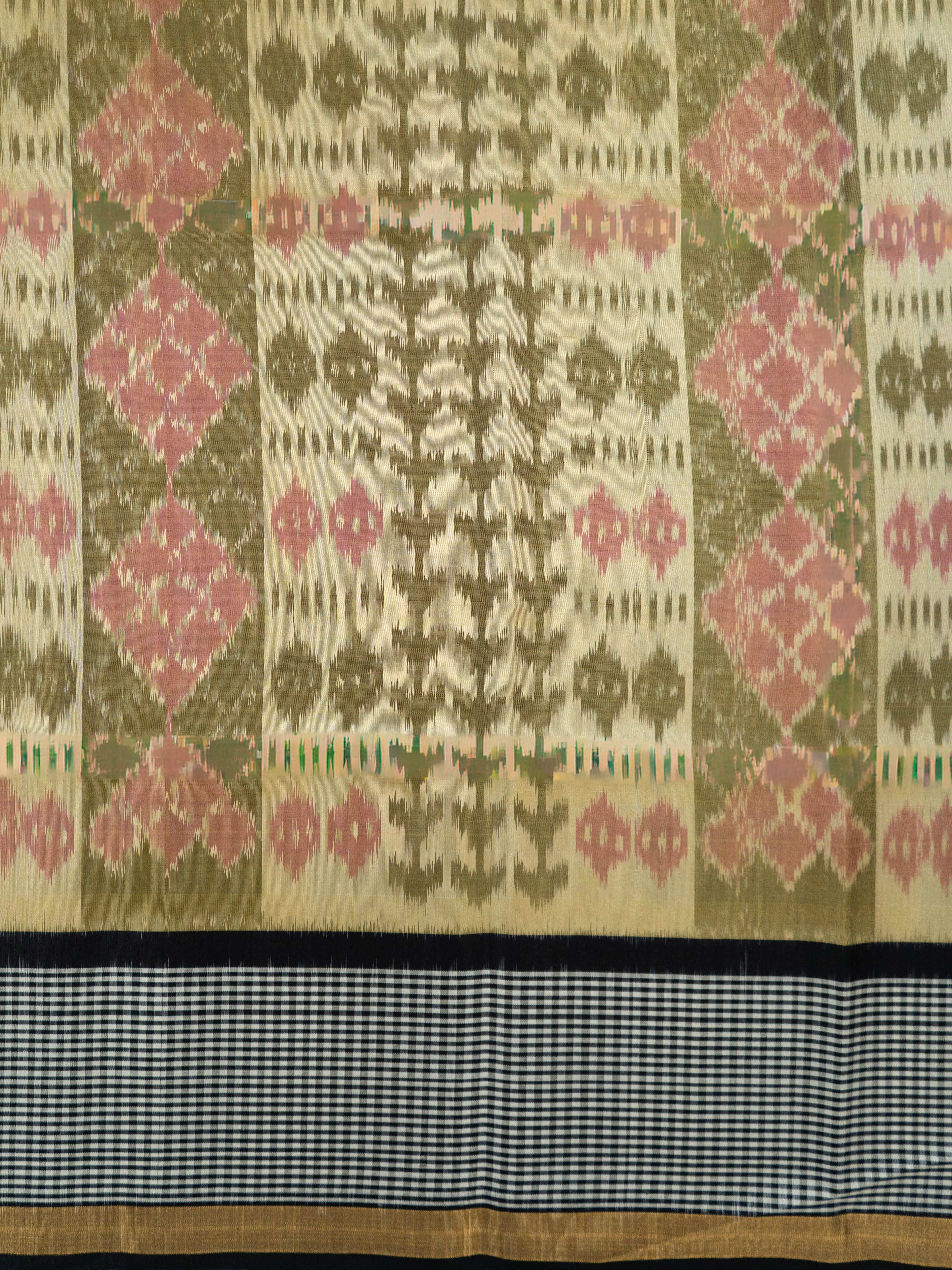 Pure Pochampally Double Ikat Silk Saree in Cream Beige with Multicolour Ikat pattern on Black Pallu