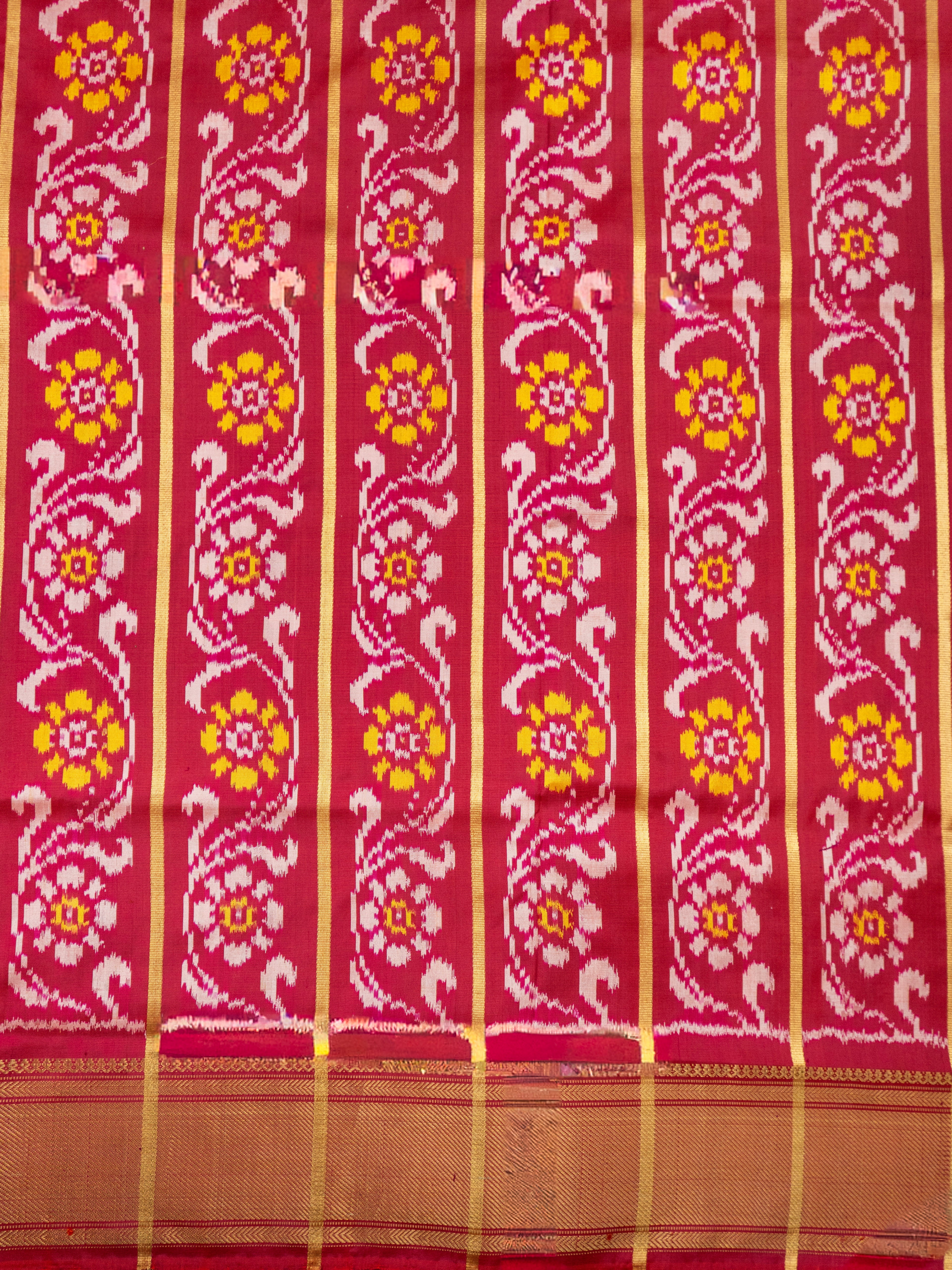 Pure Pochampally Double Ikat Silk Saree in Deep Red with Multicolour Ikat & Gold Zari